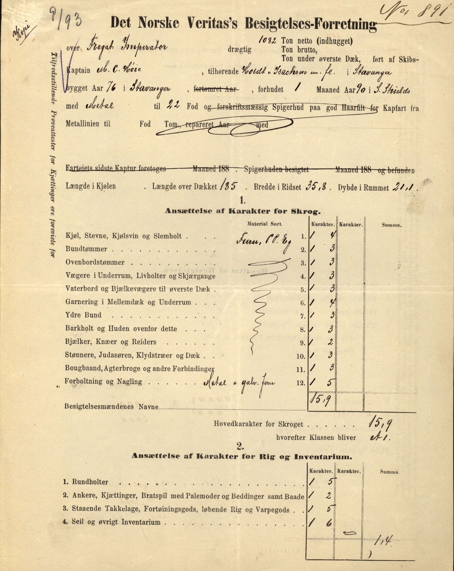 Pa 63 - Østlandske skibsassuranceforening, VEMU/A-1079/G/Ga/L0027/0011: Havaridokumenter / Louise, Lucie, Falcon, Ingeborg av Laurvig, Imperator, 1891, p. 53