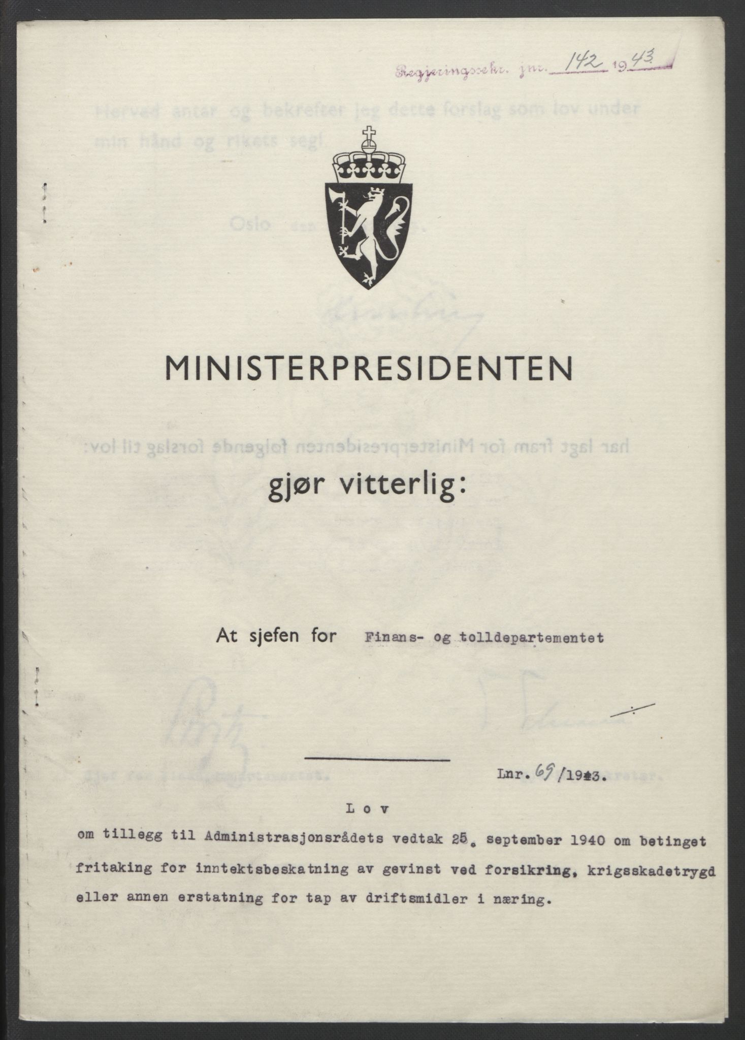NS-administrasjonen 1940-1945 (Statsrådsekretariatet, de kommisariske statsråder mm), RA/S-4279/D/Db/L0099: Lover, 1943, p. 316