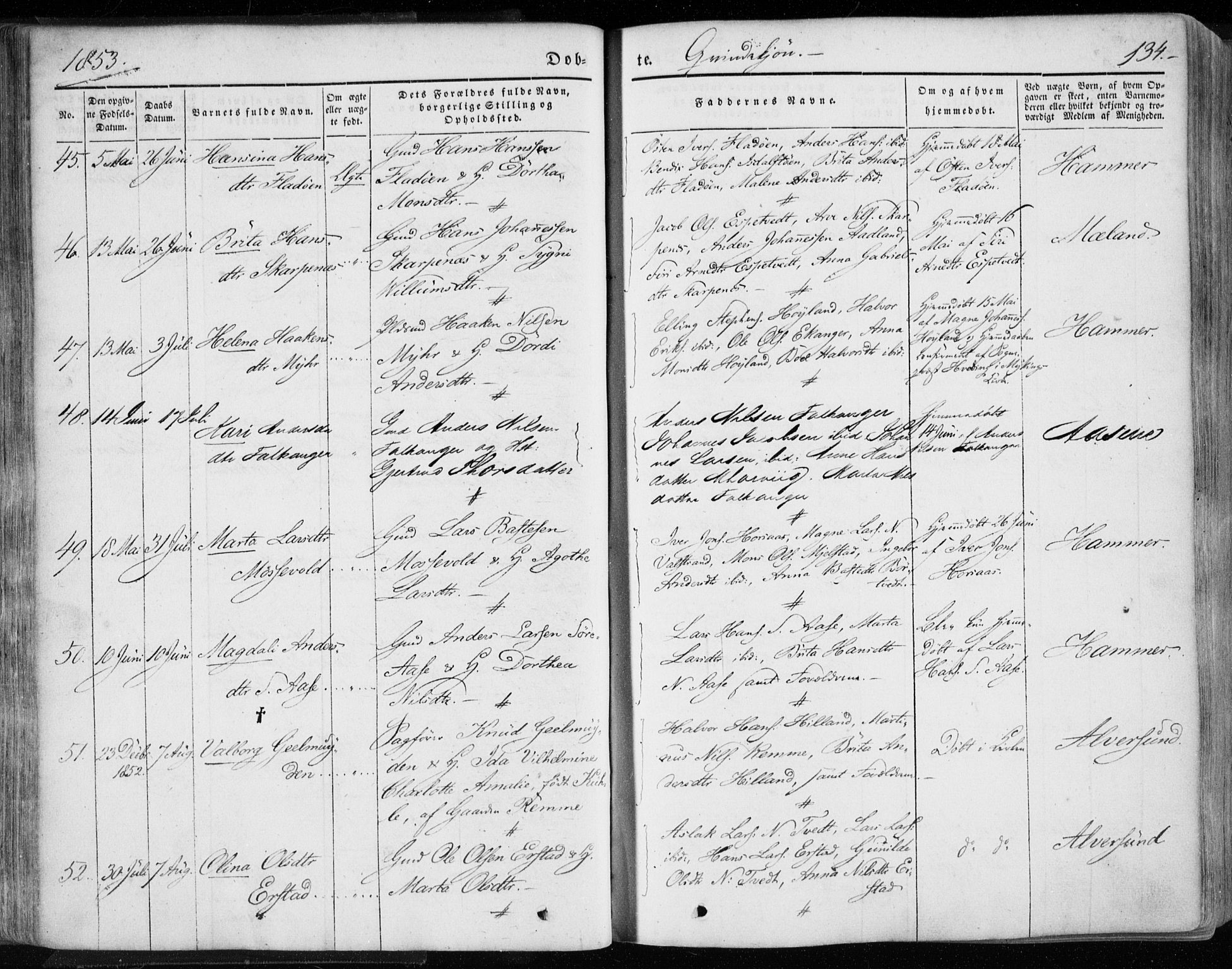 Hamre sokneprestembete, SAB/A-75501/H/Ha/Haa/Haaa/L0013: Parish register (official) no. A 13, 1846-1857, p. 134