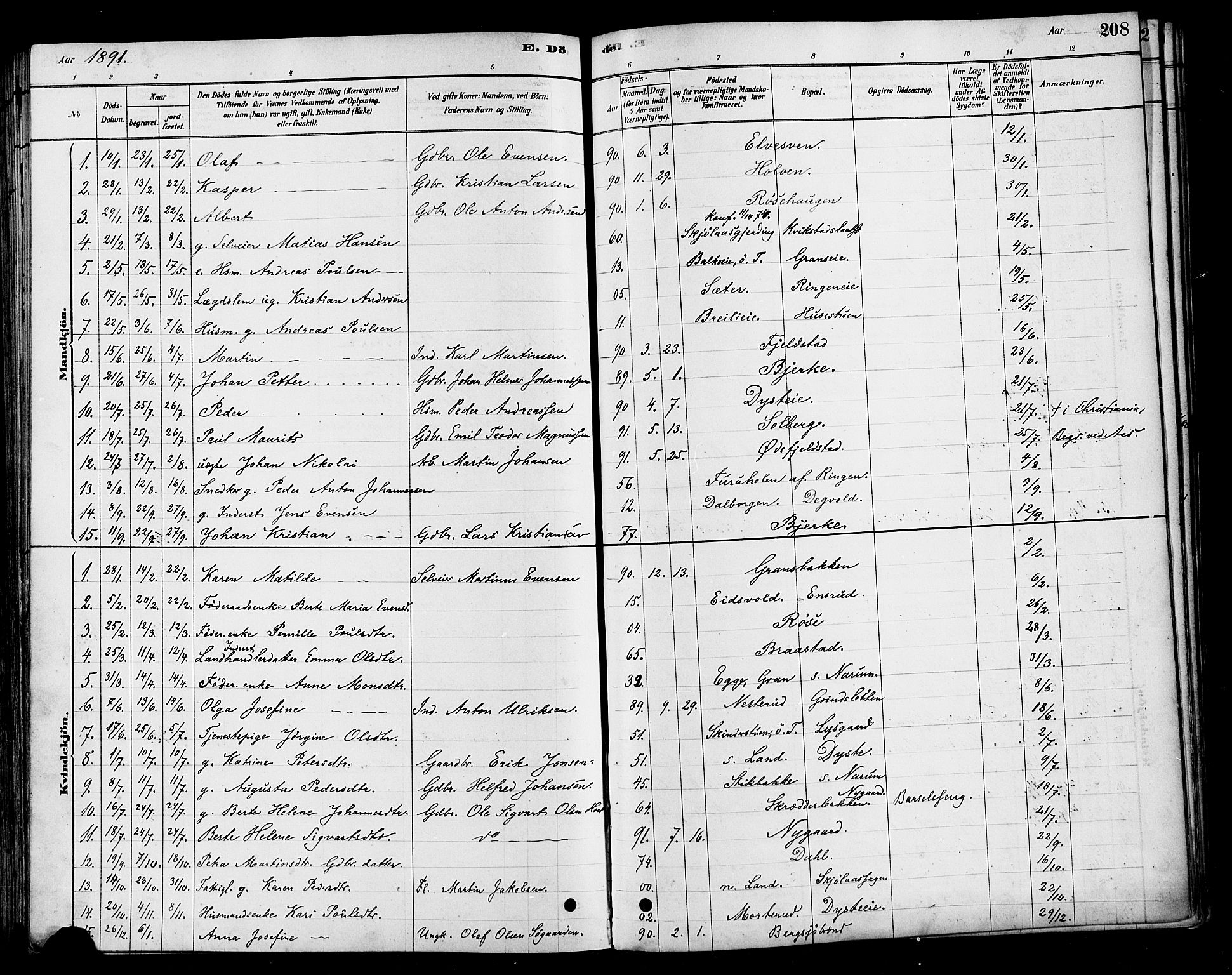 Vestre Toten prestekontor, SAH/PREST-108/H/Ha/Haa/L0010: Parish register (official) no. 10, 1878-1894, p. 208