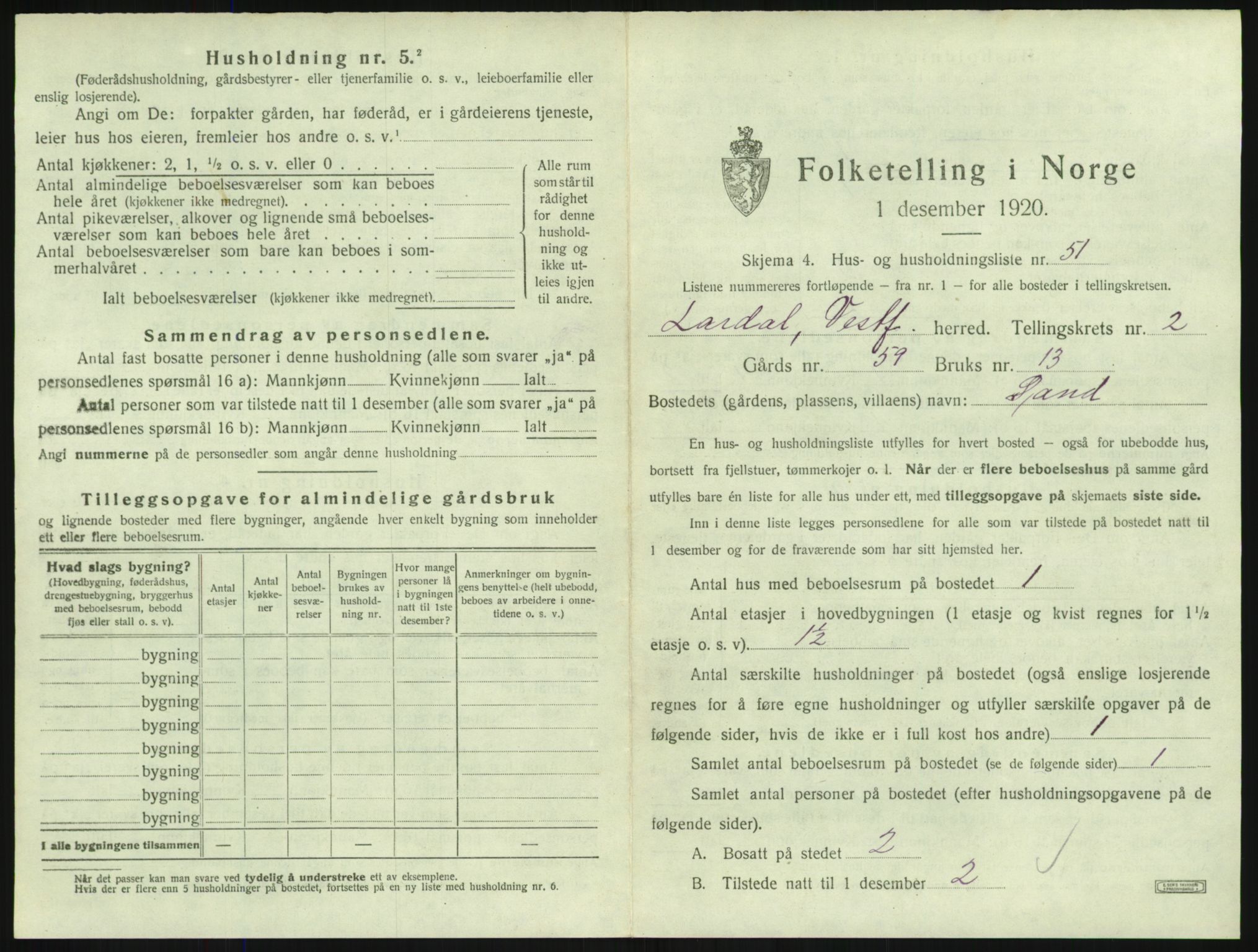 SAKO, 1920 census for Lardal, 1920, p. 311