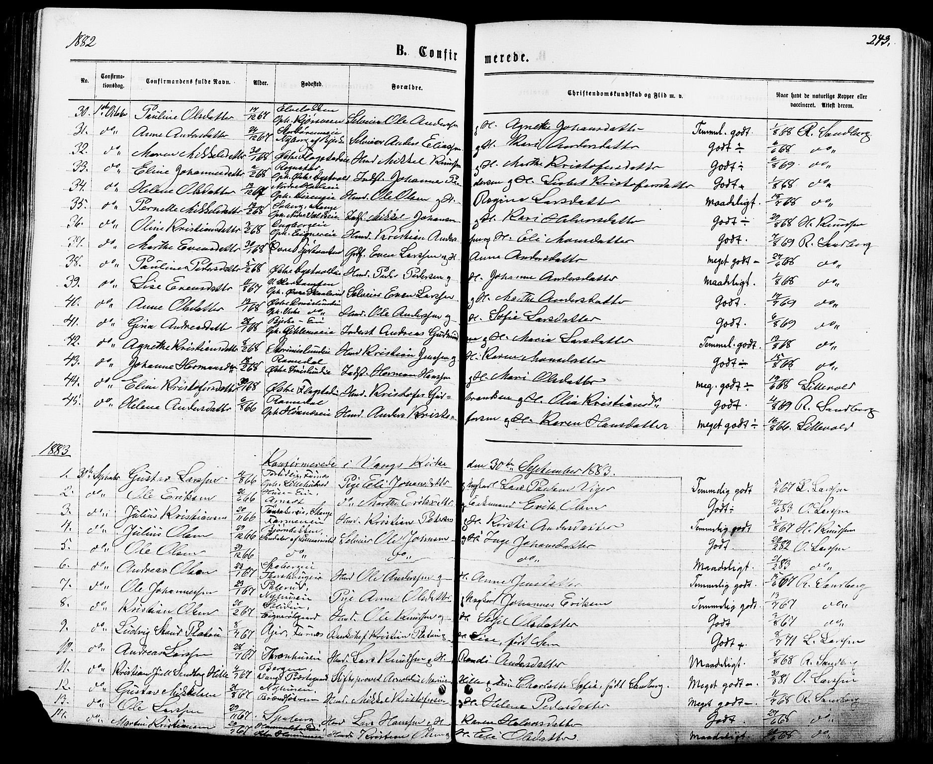 Vang prestekontor, Hedmark, SAH/PREST-008/H/Ha/Haa/L0015: Parish register (official) no. 15, 1871-1885, p. 243
