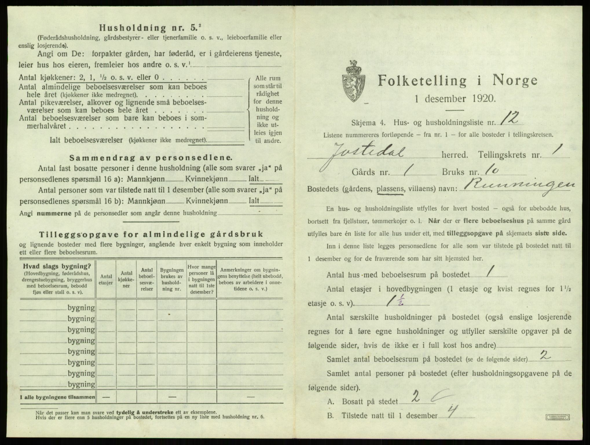 SAB, 1920 census for Jostedal, 1920, p. 42