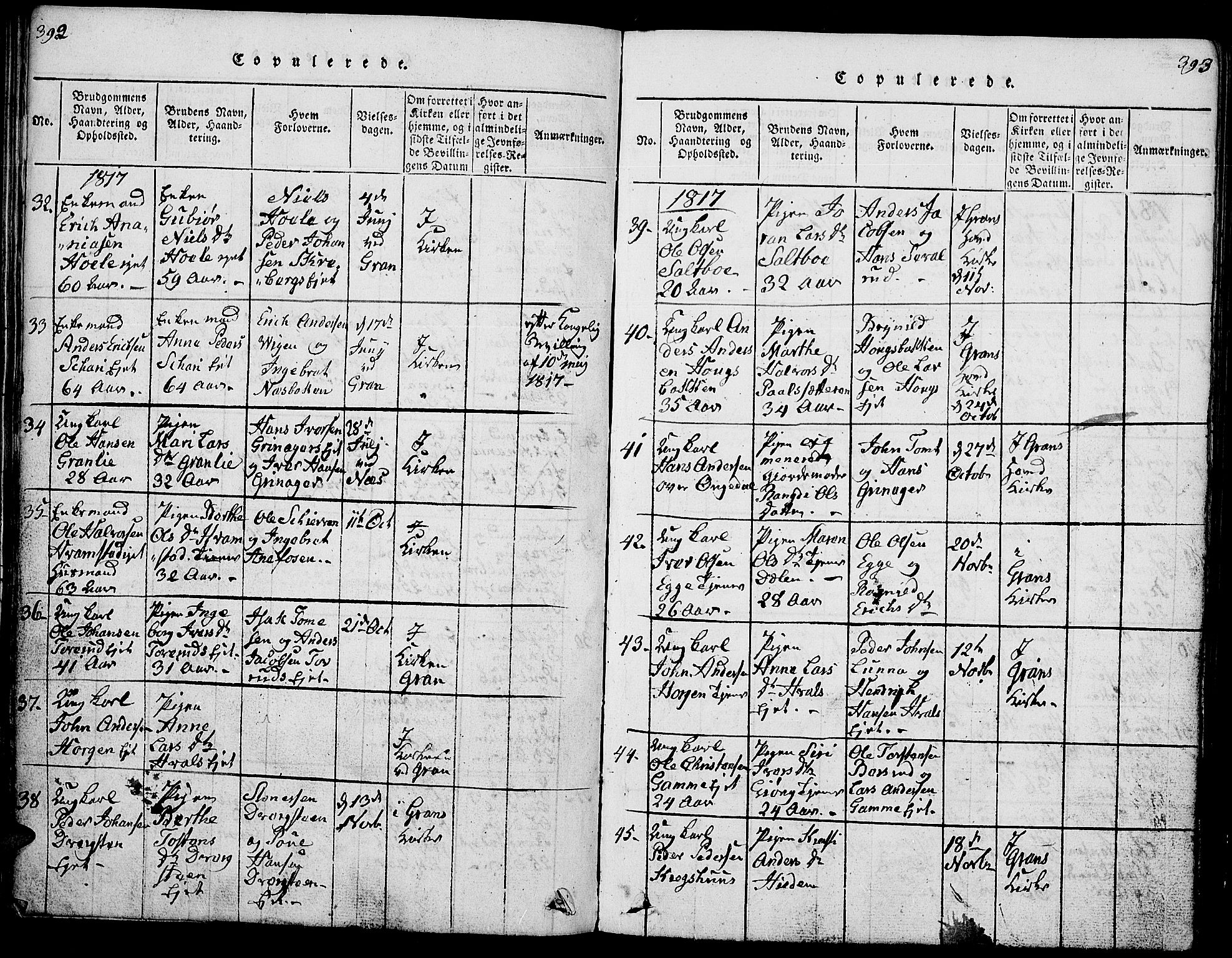 Gran prestekontor, SAH/PREST-112/H/Ha/Hab/L0001: Parish register (copy) no. 1, 1815-1824, p. 392-393