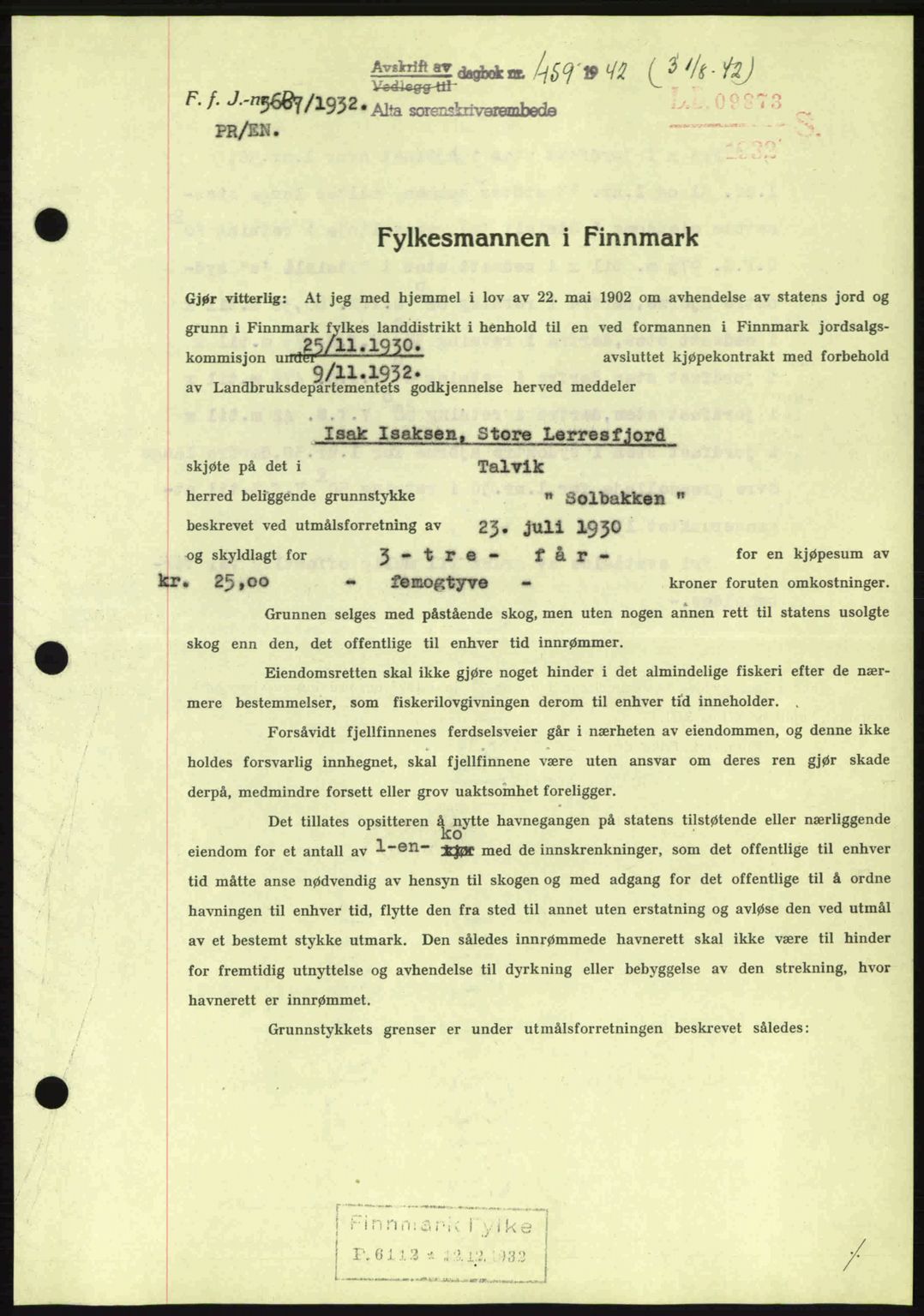 Alta fogderi/sorenskriveri, SATØ/SATØ-5/1/K/Kd/L0033pantebok: Mortgage book no. 33, 1940-1943, Diary no: : 459/1942