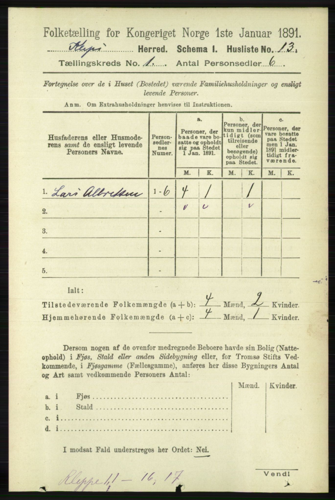 RA, 1891 census for 1120 Klepp, 1891, p. 40