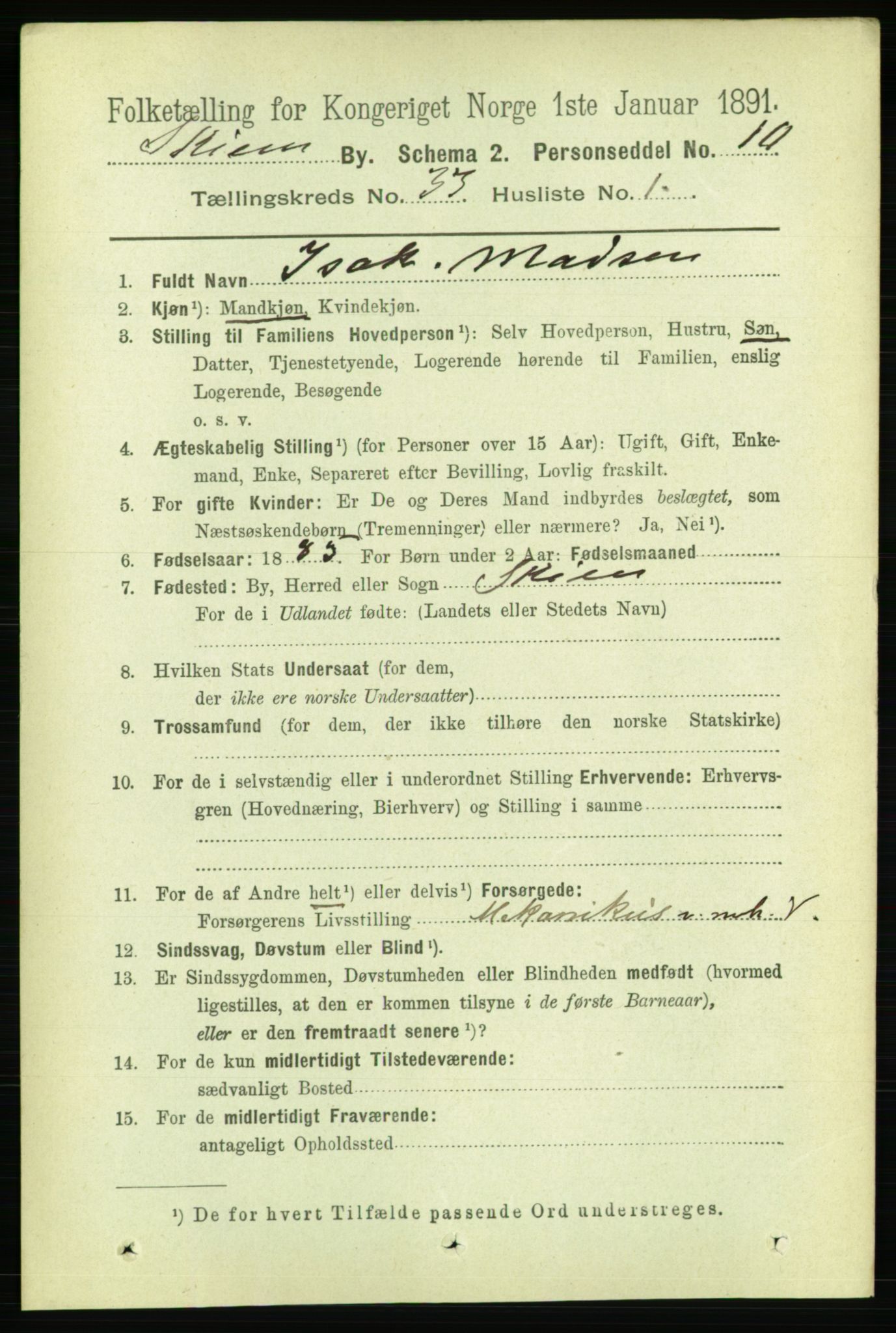 RA, 1891 census for 0806 Skien, 1891, p. 7500