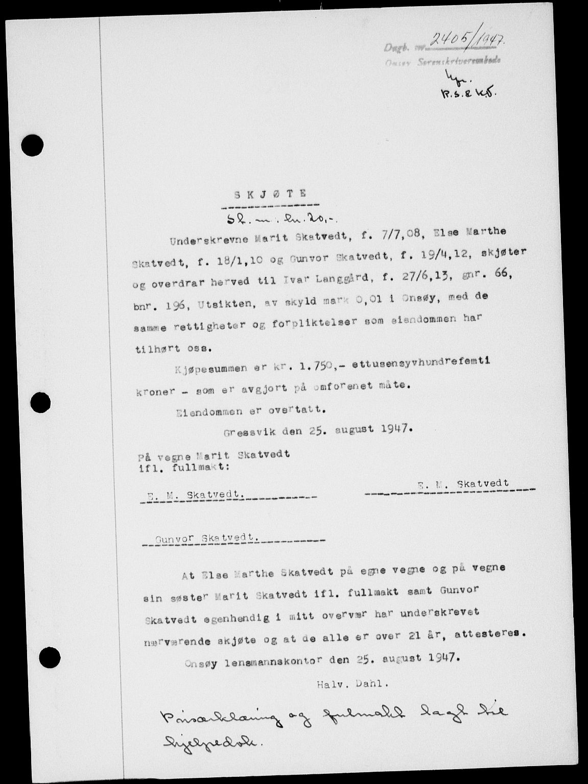 Onsøy sorenskriveri, SAO/A-10474/G/Ga/Gab/L0021: Mortgage book no. II A-21, 1947-1947, Diary no: : 2405/1947
