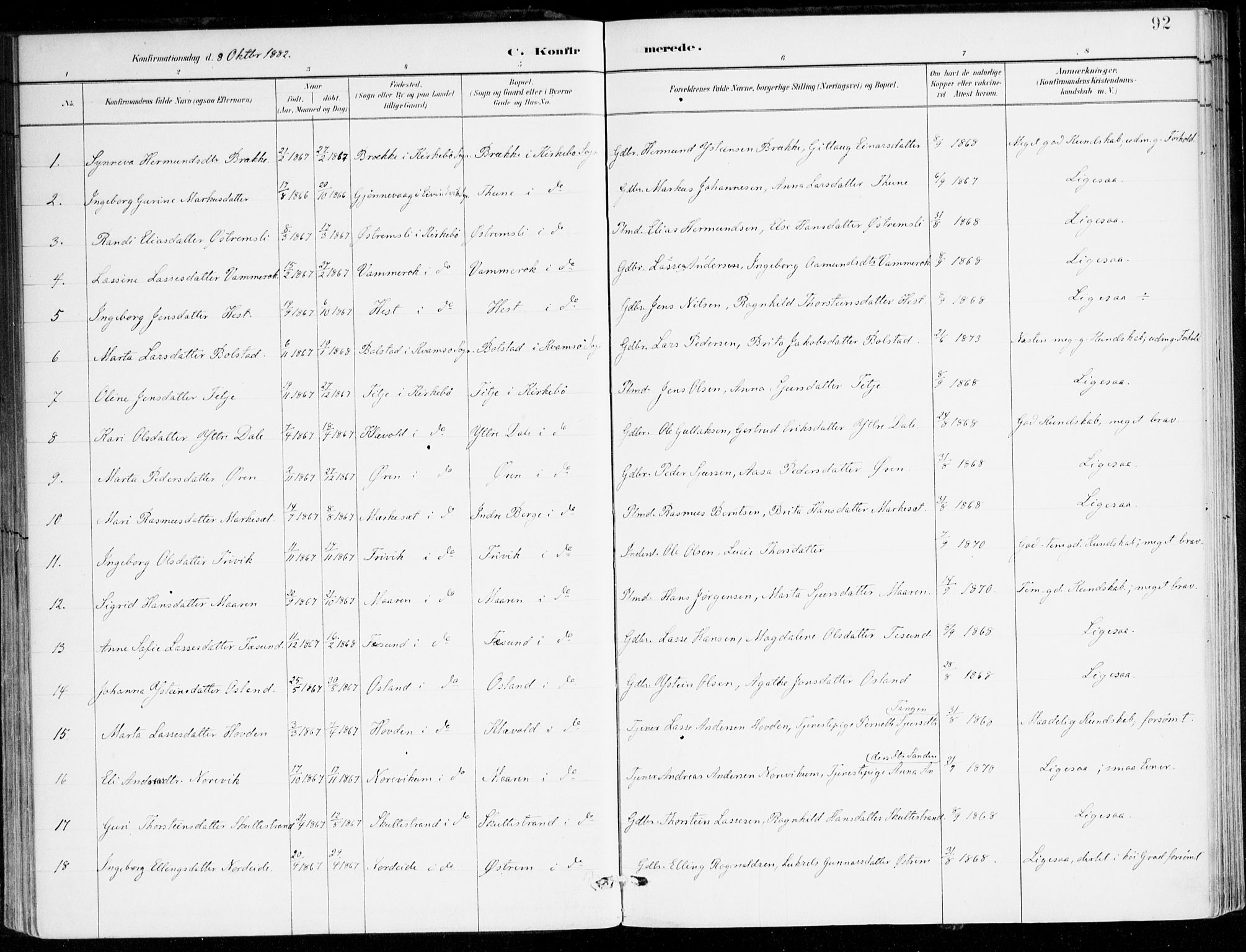 Lavik sokneprestembete, AV/SAB-A-80901: Parish register (official) no. C 1, 1882-1904, p. 92