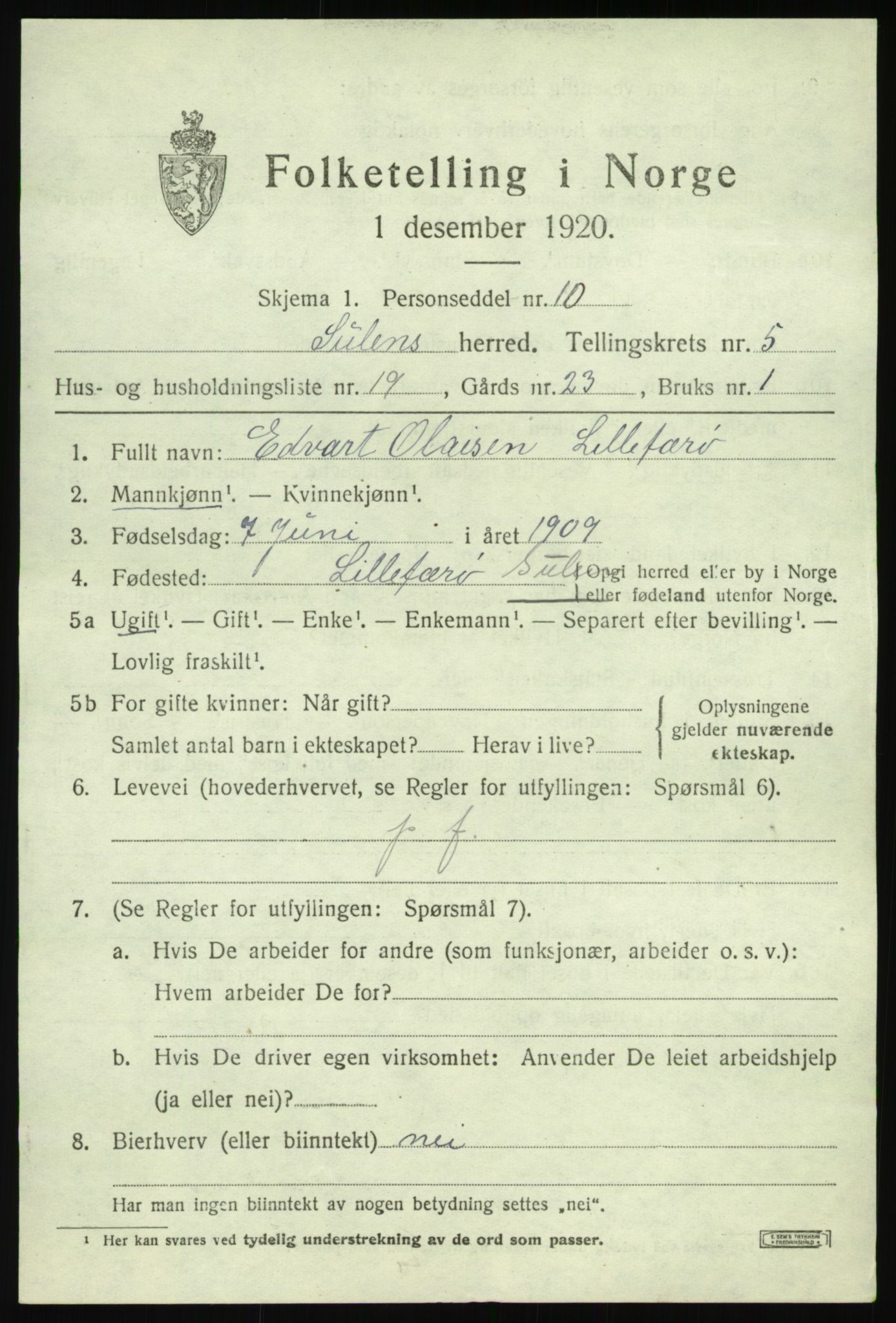 SAB, 1920 census for Solund, 1920, p. 2434