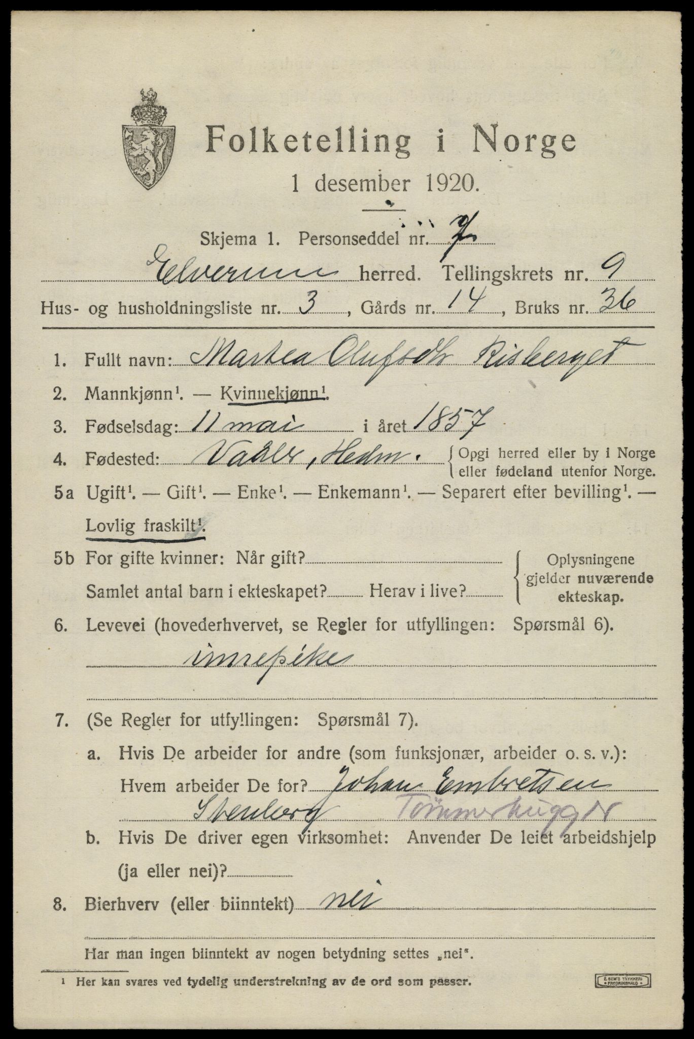 SAH, 1920 census for Elverum, 1920, p. 15586