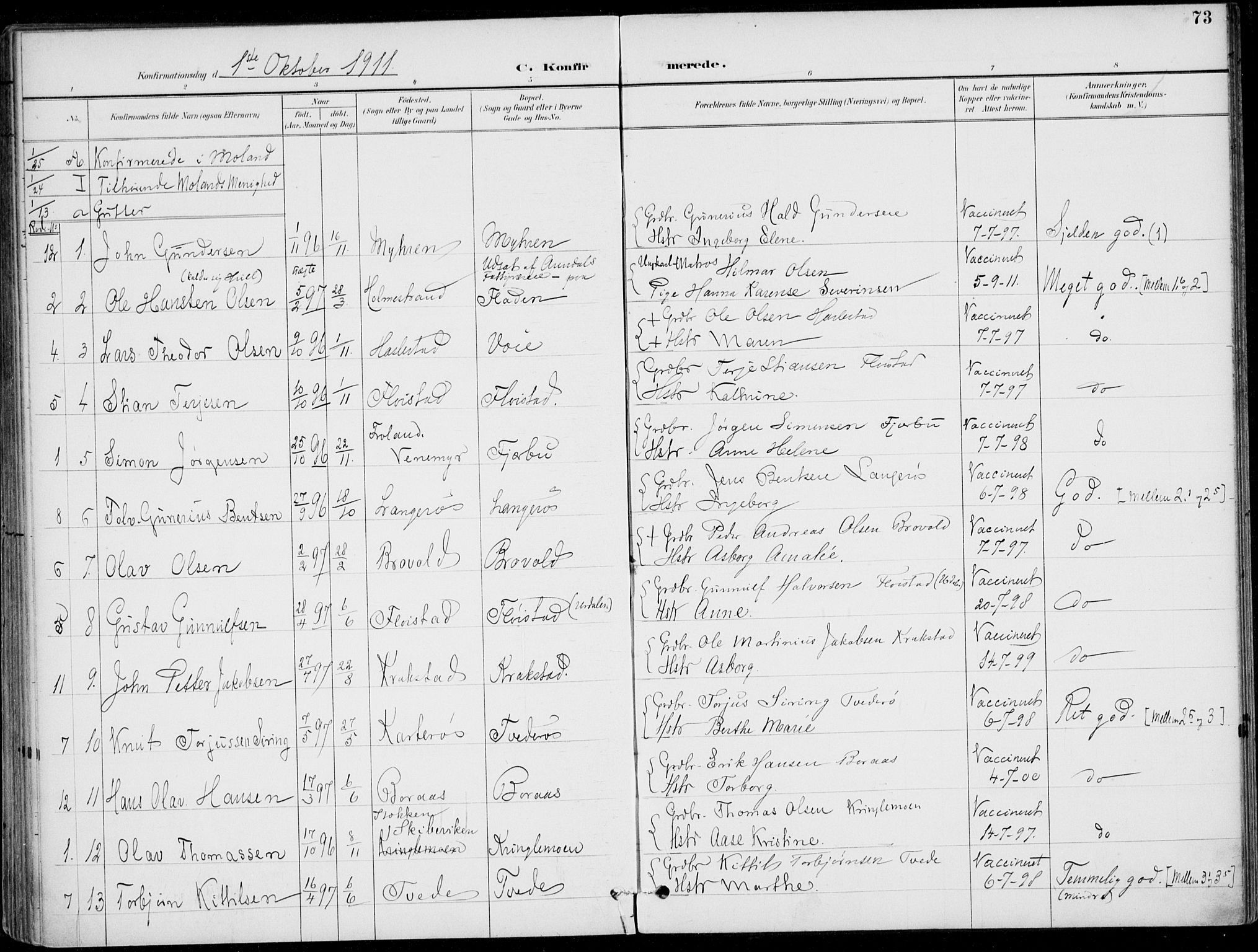 Austre Moland sokneprestkontor, SAK/1111-0001/F/Fa/Faa/L0011: Parish register (official) no. A 11, 1894-1915, p. 73