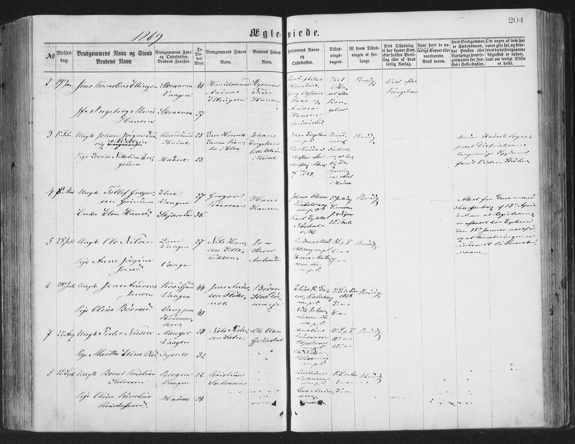 Ministerialprotokoller, klokkerbøker og fødselsregistre - Nordland, AV/SAT-A-1459/874/L1057: Parish register (official) no. 874A01, 1866-1877, p. 204