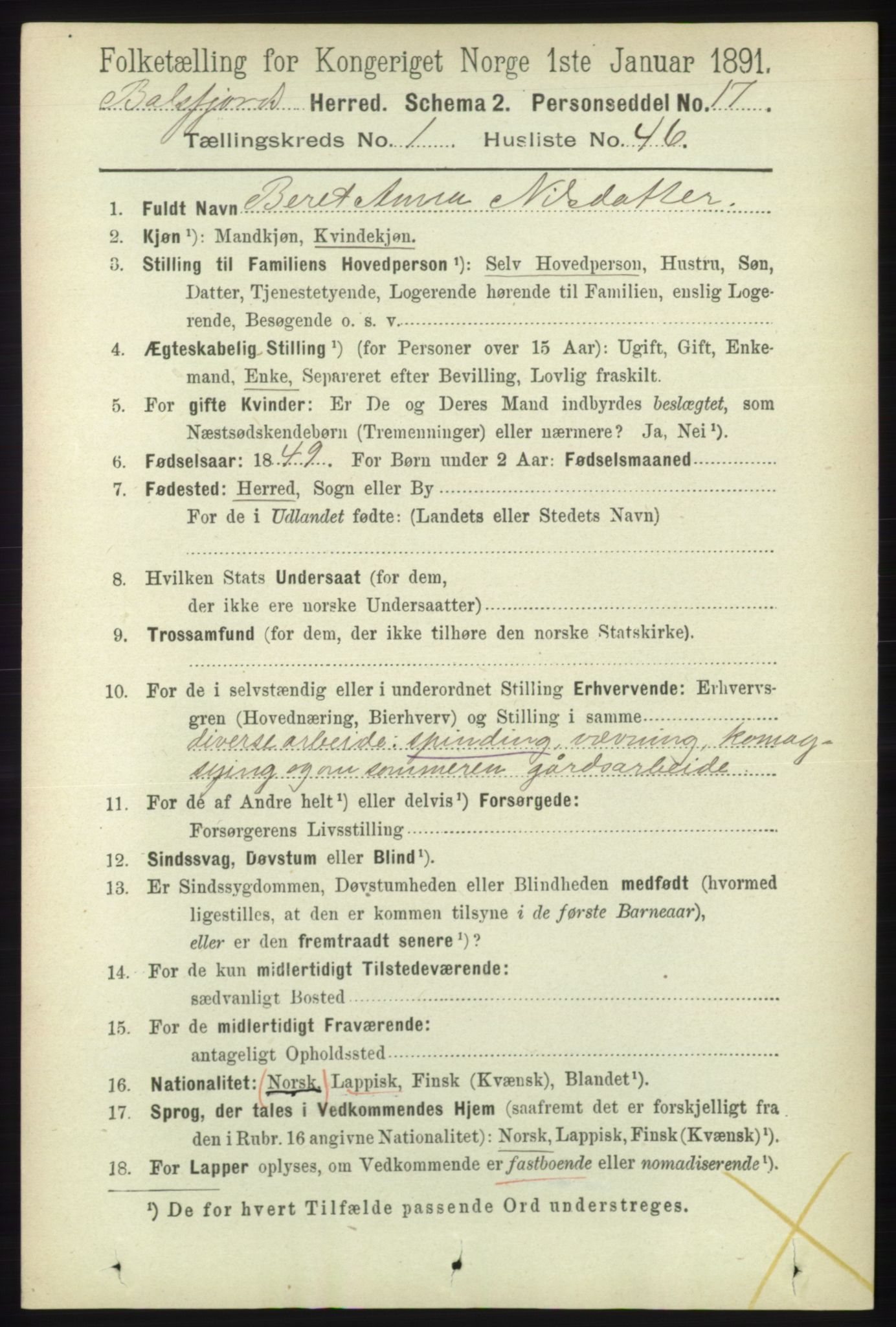 RA, 1891 census for 1933 Balsfjord, 1891, p. 472