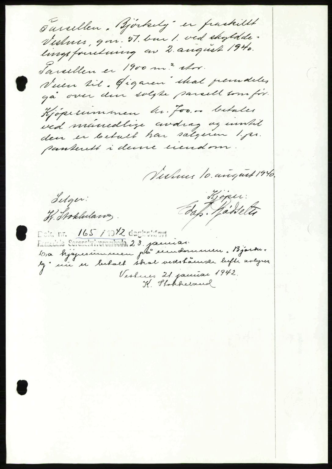 Romsdal sorenskriveri, AV/SAT-A-4149/1/2/2C: Mortgage book no. A11, 1941-1942, Diary no: : 165/1942