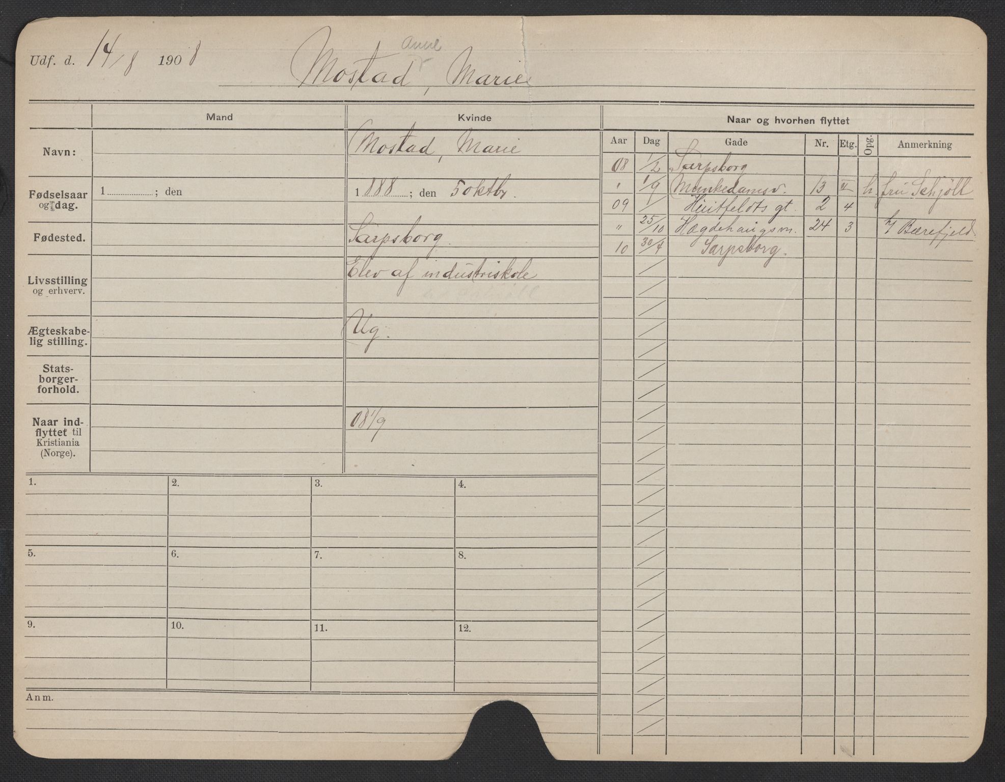 Oslo folkeregister, Registerkort, AV/SAO-A-11715/F/Fa/Fac/L0020: Kvinner, 1906-1914, p. 1081a