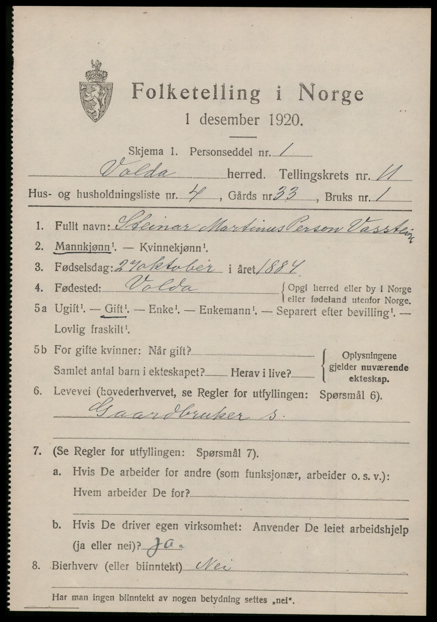 SAT, 1920 census for Volda, 1920, p. 7968