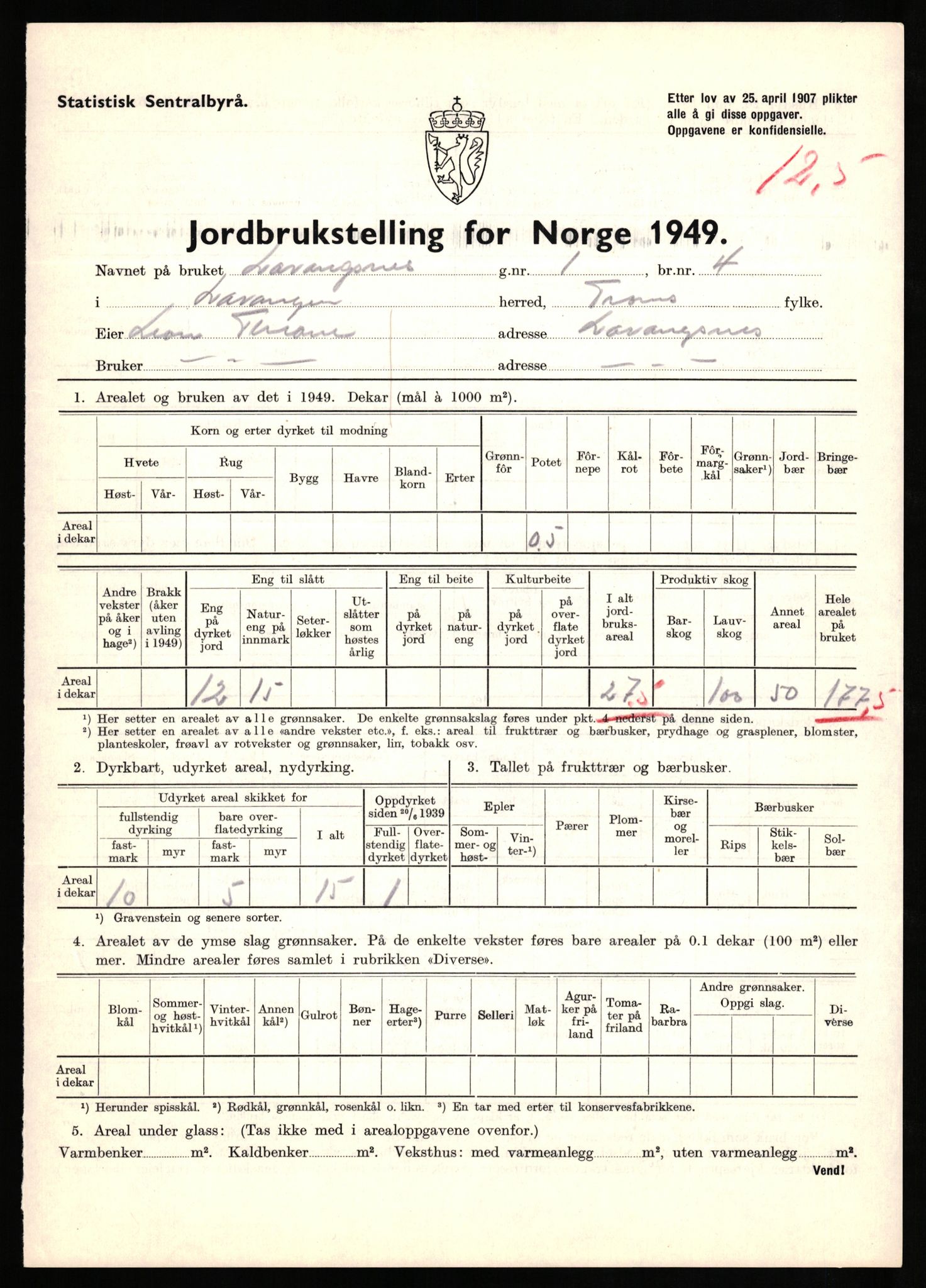 Statistisk sentralbyrå, Næringsøkonomiske emner, Jordbruk, skogbruk, jakt, fiske og fangst, AV/RA-S-2234/G/Gc/L0437: Troms: Gratangen og Lavangen, 1949, p. 363