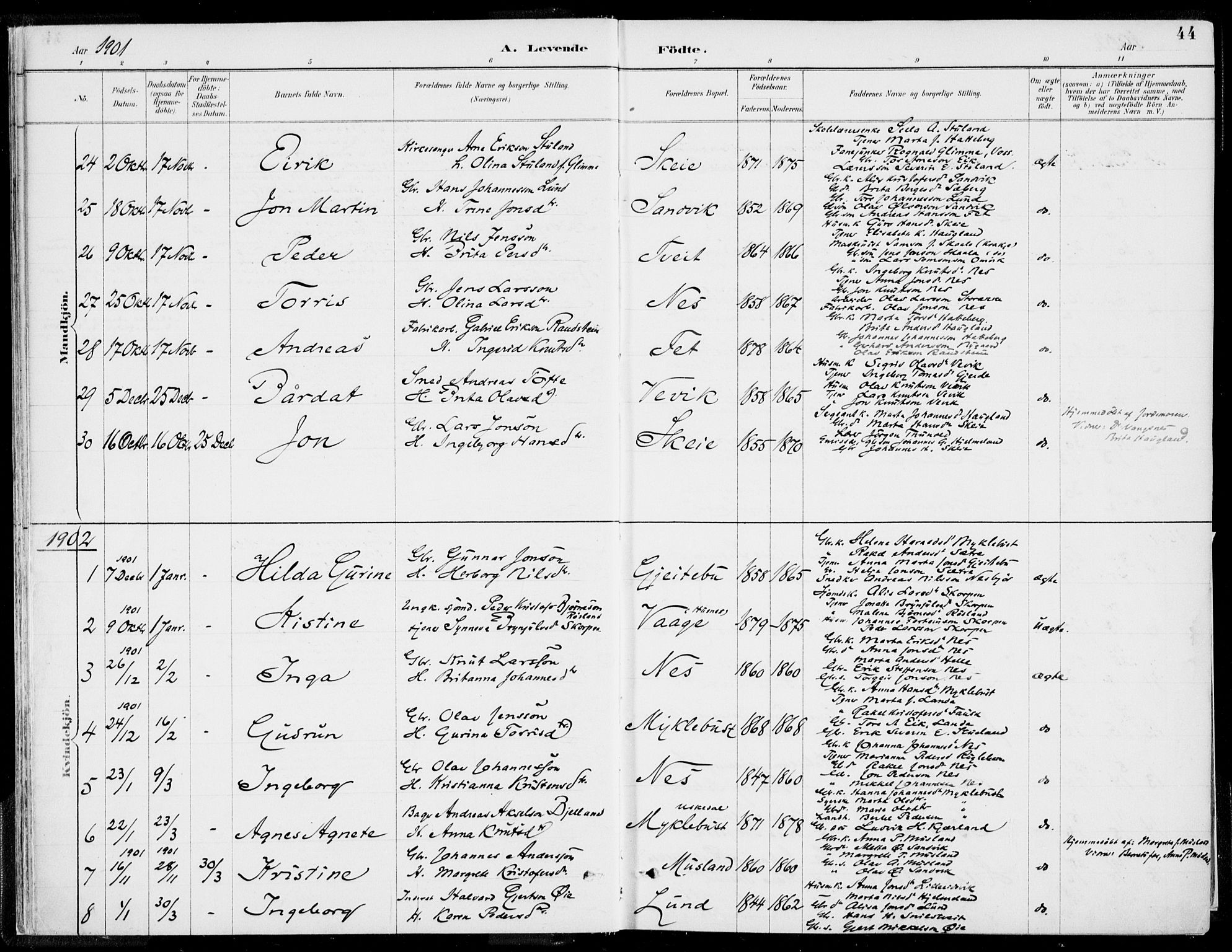 Kvinnherad sokneprestembete, SAB/A-76401/H/Haa: Parish register (official) no. B  1, 1887-1921, p. 44