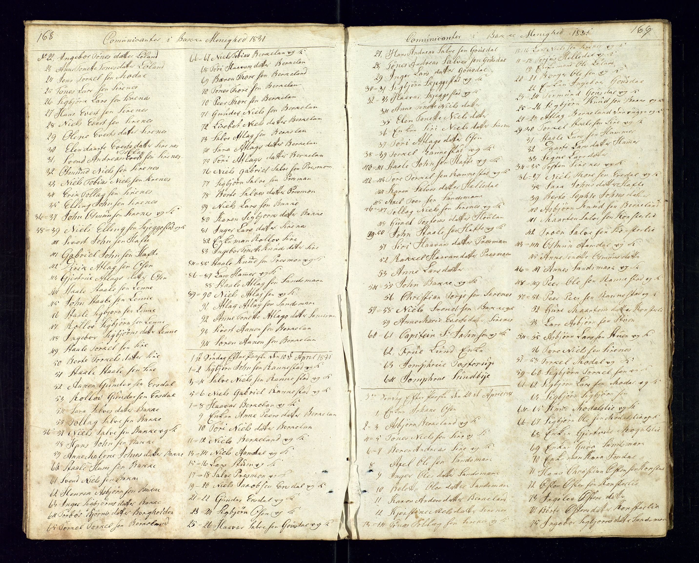 Bakke sokneprestkontor, AV/SAK-1111-0002/F/Fc/Fca/L0003: Communicants register no. C-3, 1826-1837, p. 168-169