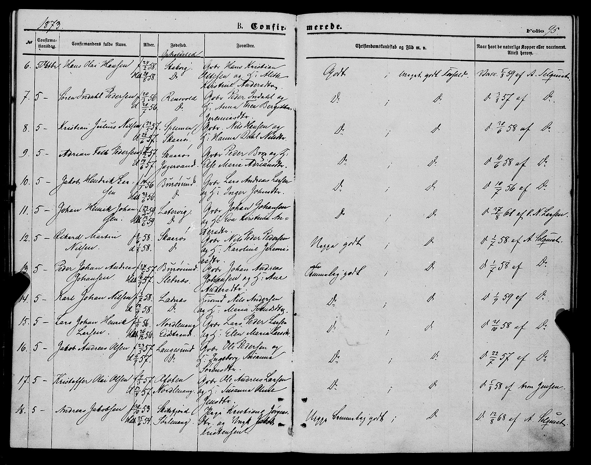 Karlsøy sokneprestembete, AV/SATØ-S-1299/H/Ha/Haa/L0005kirke: Parish register (official) no. 5, 1872-1878, p. 95