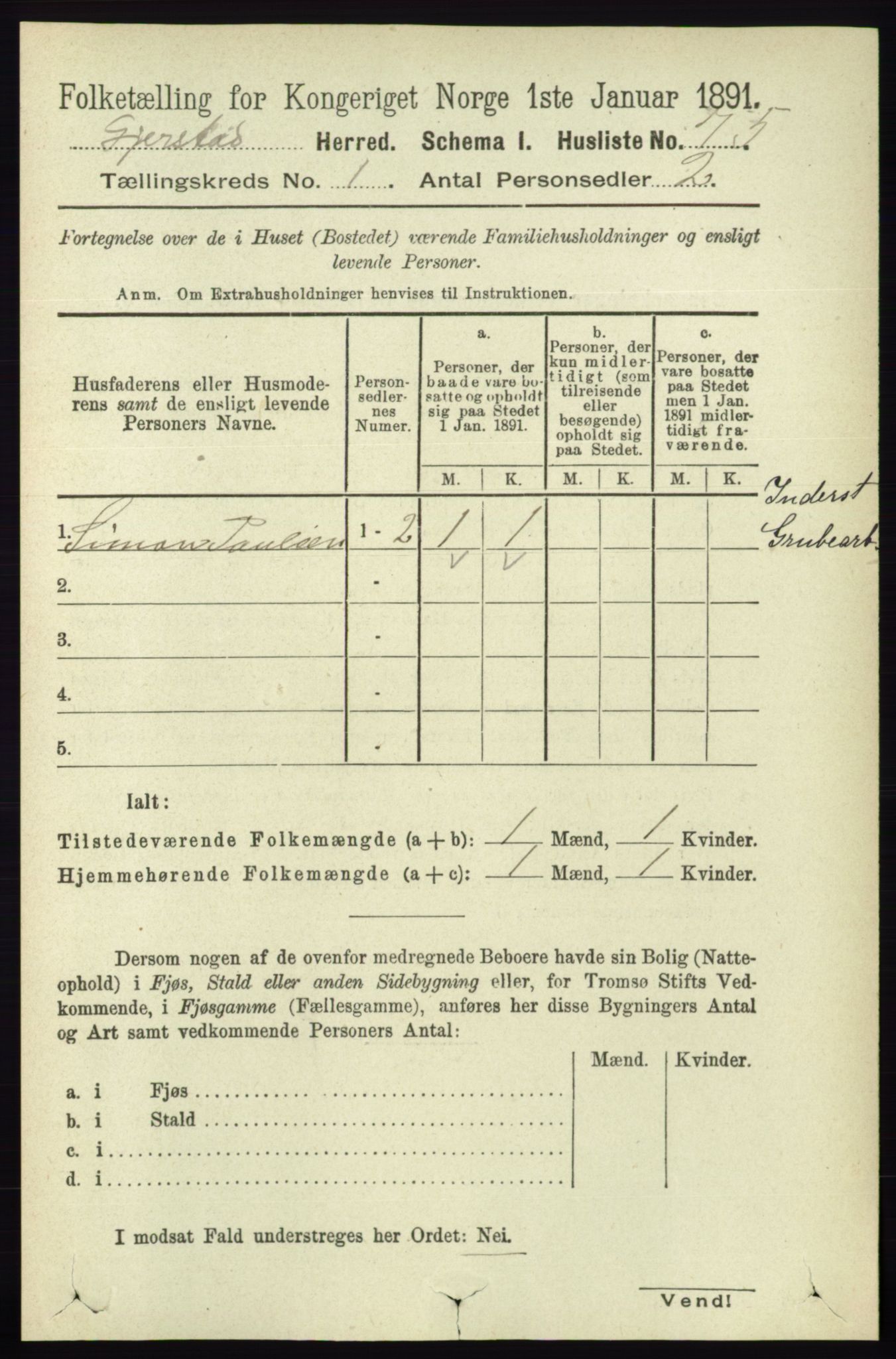 RA, 1891 census for 0911 Gjerstad, 1891, p. 96