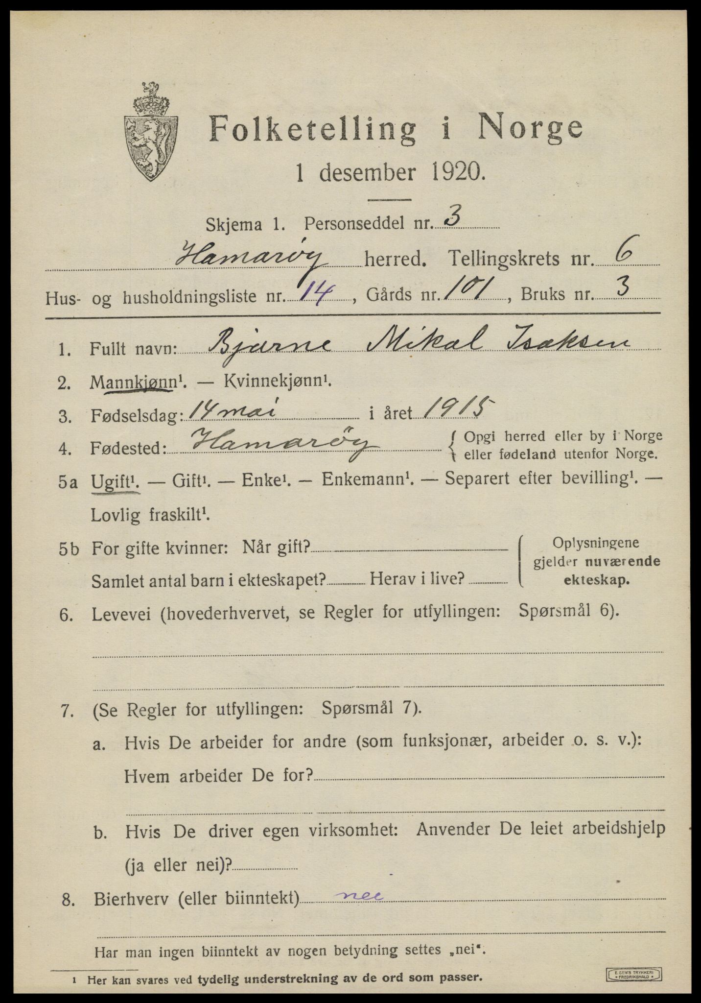 SAT, 1920 census for Hamarøy, 1920, p. 3112