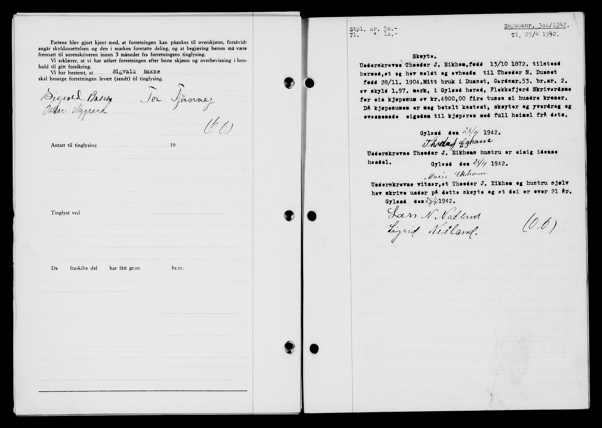 Flekkefjord sorenskriveri, SAK/1221-0001/G/Gb/Gba/L0057: Mortgage book no. A-5, 1941-1942, Diary no: : 306/1942