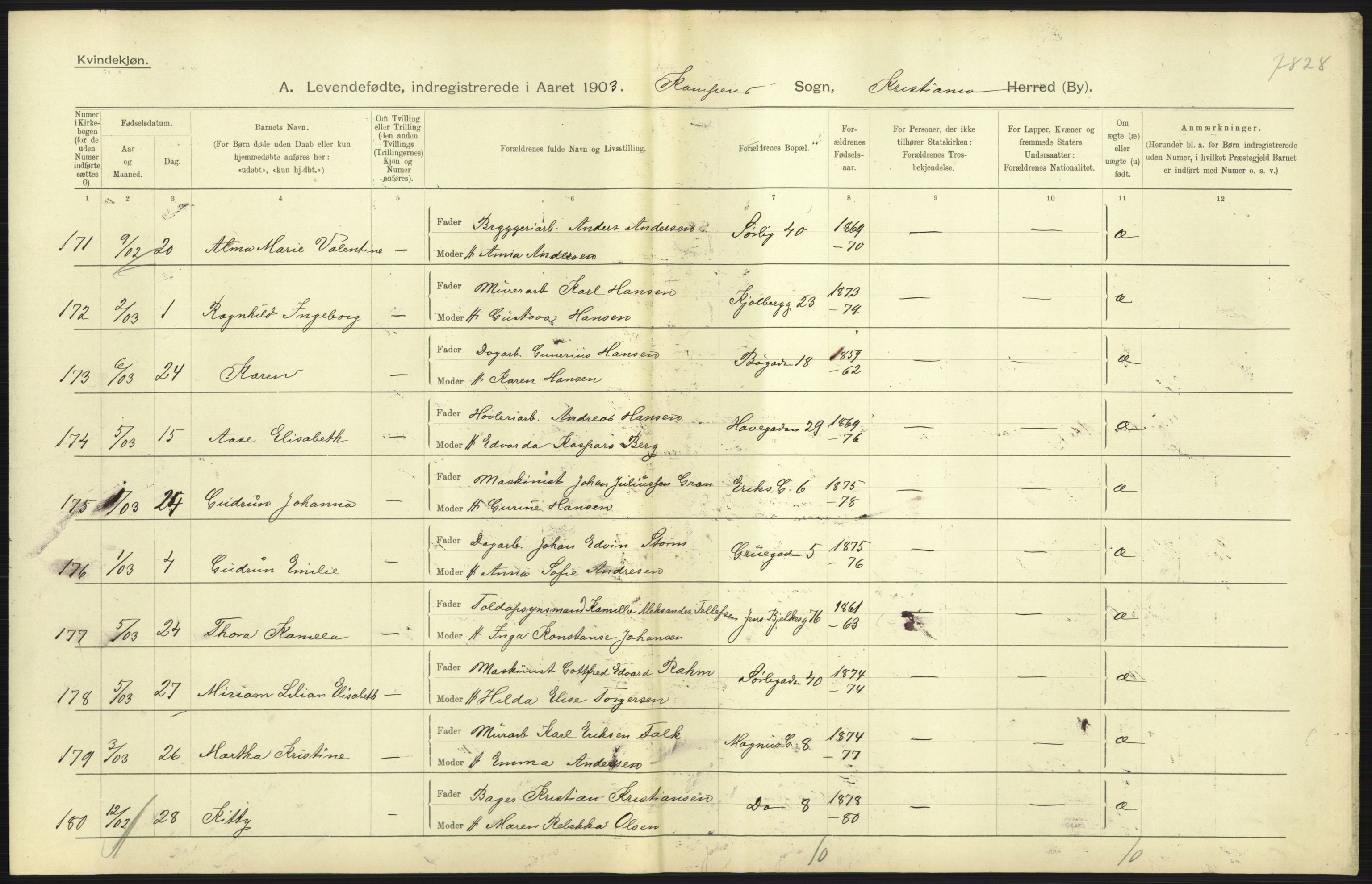 Statistisk sentralbyrå, Sosiodemografiske emner, Befolkning, AV/RA-S-2228/D/Df/Dfa/Dfaa/L0003: Kristiania: Fødte, 1903, p. 175