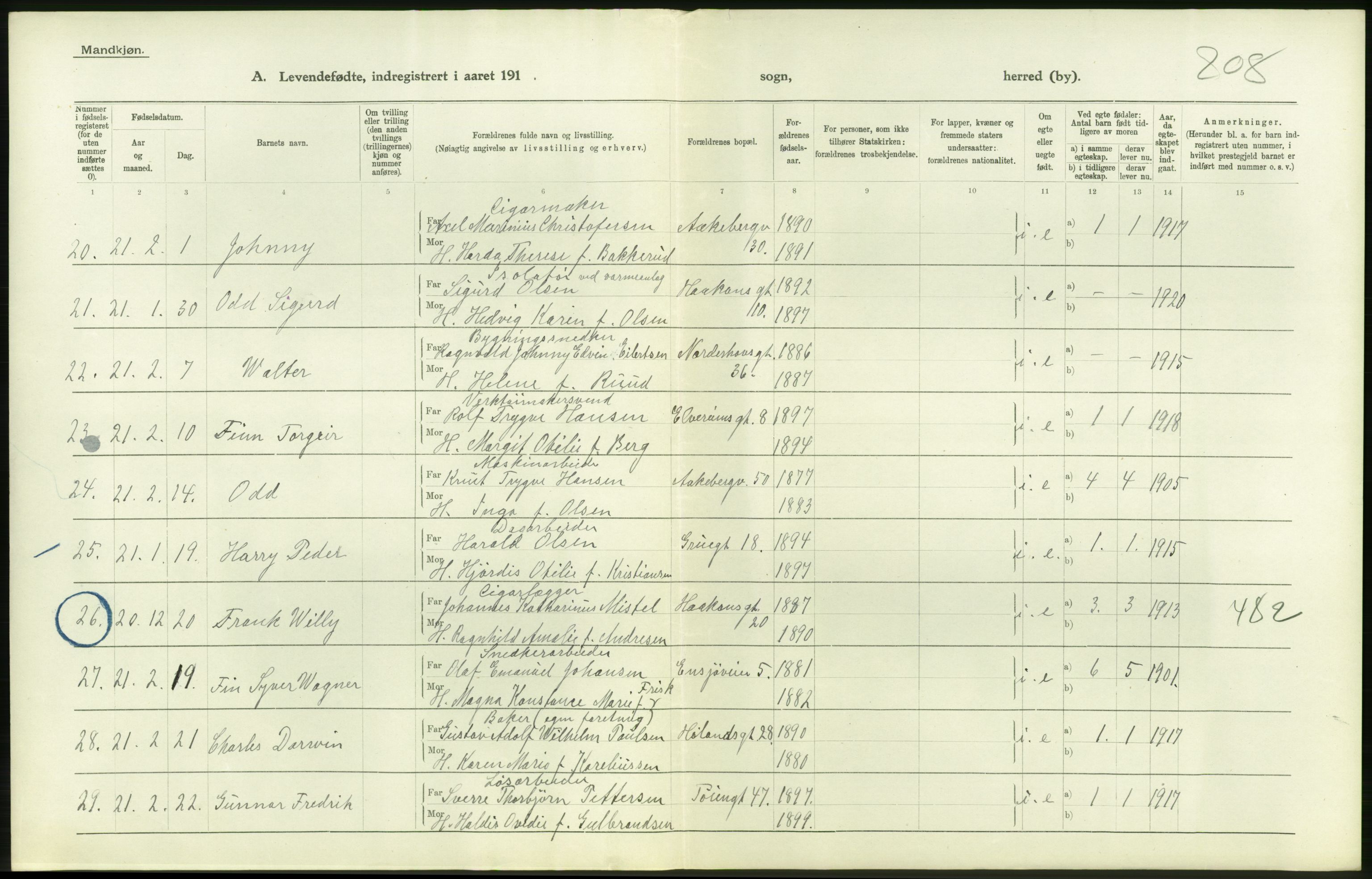 Statistisk sentralbyrå, Sosiodemografiske emner, Befolkning, RA/S-2228/D/Df/Dfc/Dfca/L0009: Kristiania: Levendefødte menn og kvinner., 1921, p. 86