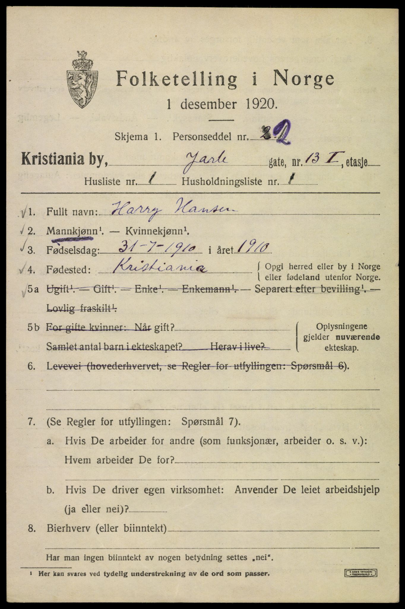 SAO, 1920 census for Kristiania, 1920, p. 316545