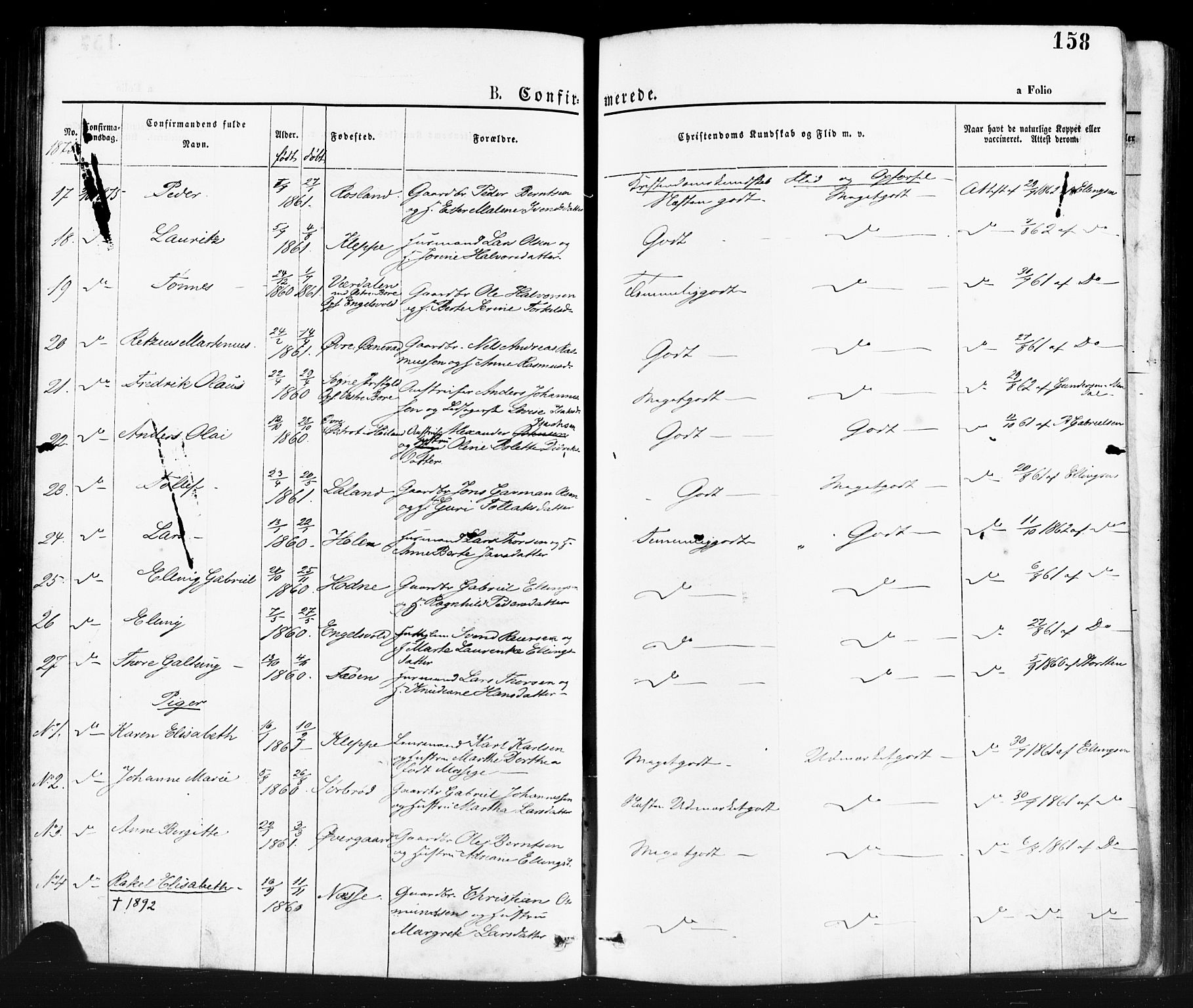 Klepp sokneprestkontor, AV/SAST-A-101803/001/3/30BA/L0006: Parish register (official) no. A 6, 1871-1885, p. 158