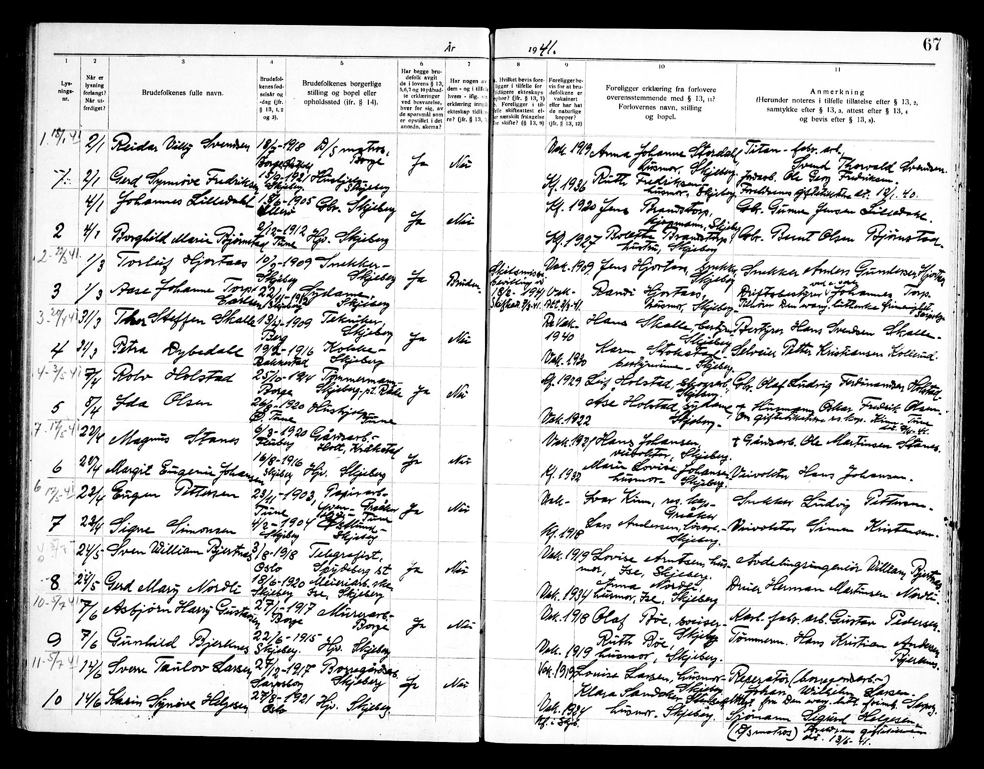 Skjeberg prestekontor Kirkebøker, SAO/A-10923/H/Ha/L0002: Banns register no. I 2, 1919-1957, p. 67