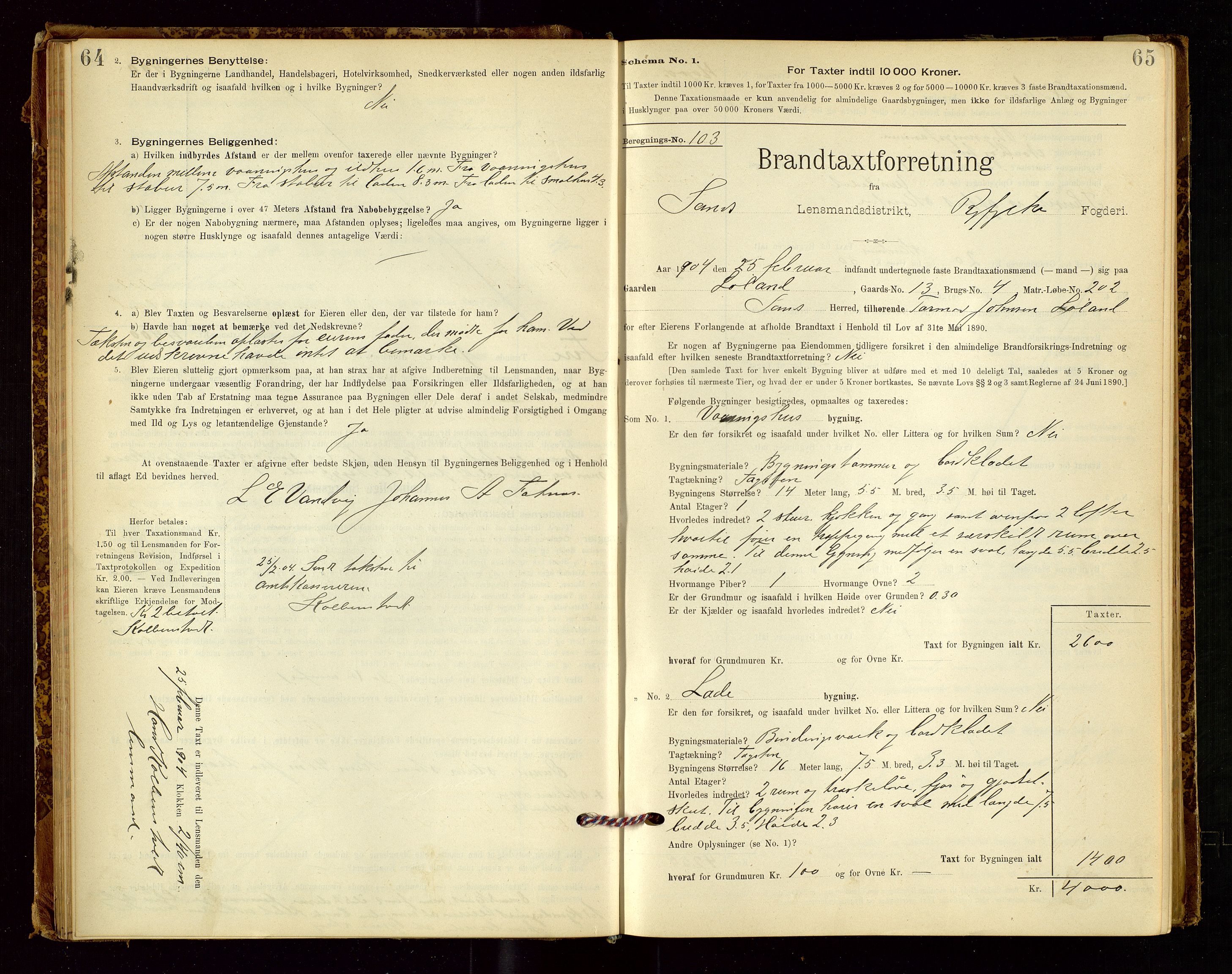 Sand lensmannskontor, AV/SAST-A-100415/Goc/L0001: "Brandtaxationsprotokol", 1895-1935, p. 64-65