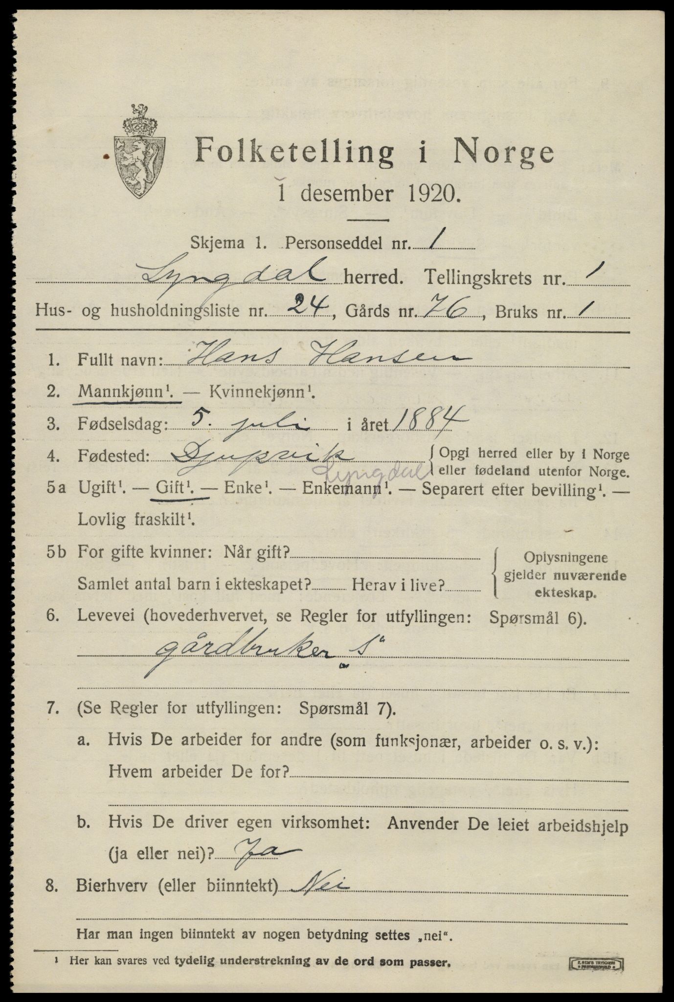 SAK, 1920 census for Lyngdal, 1920, p. 1569