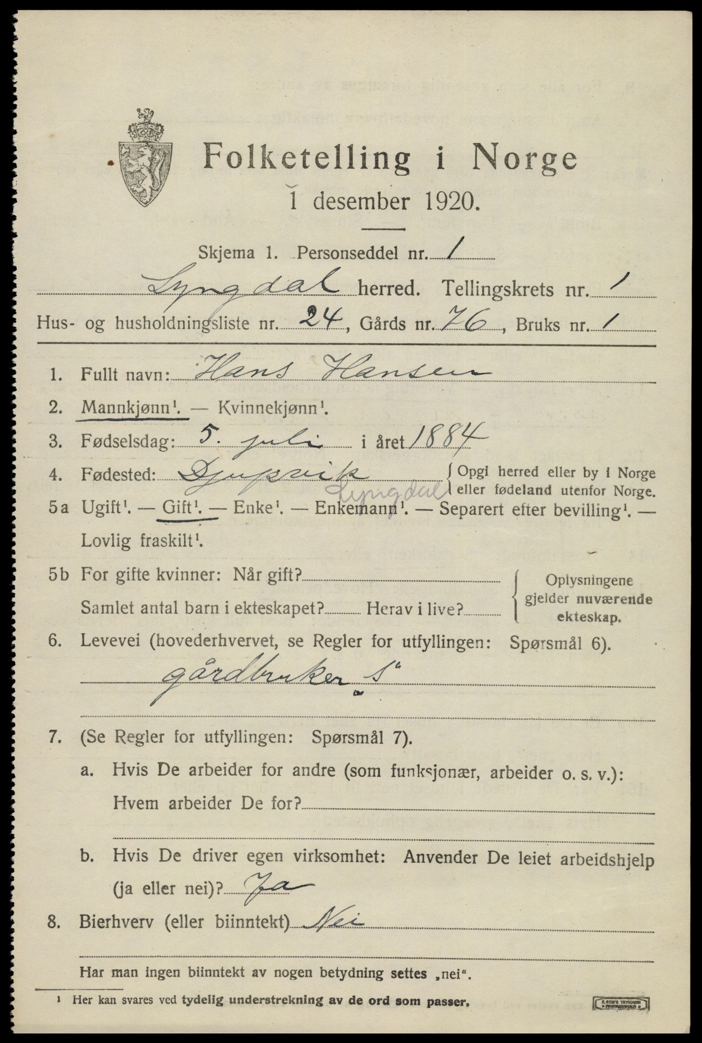 SAK, 1920 census for Lyngdal, 1920, p. 1569