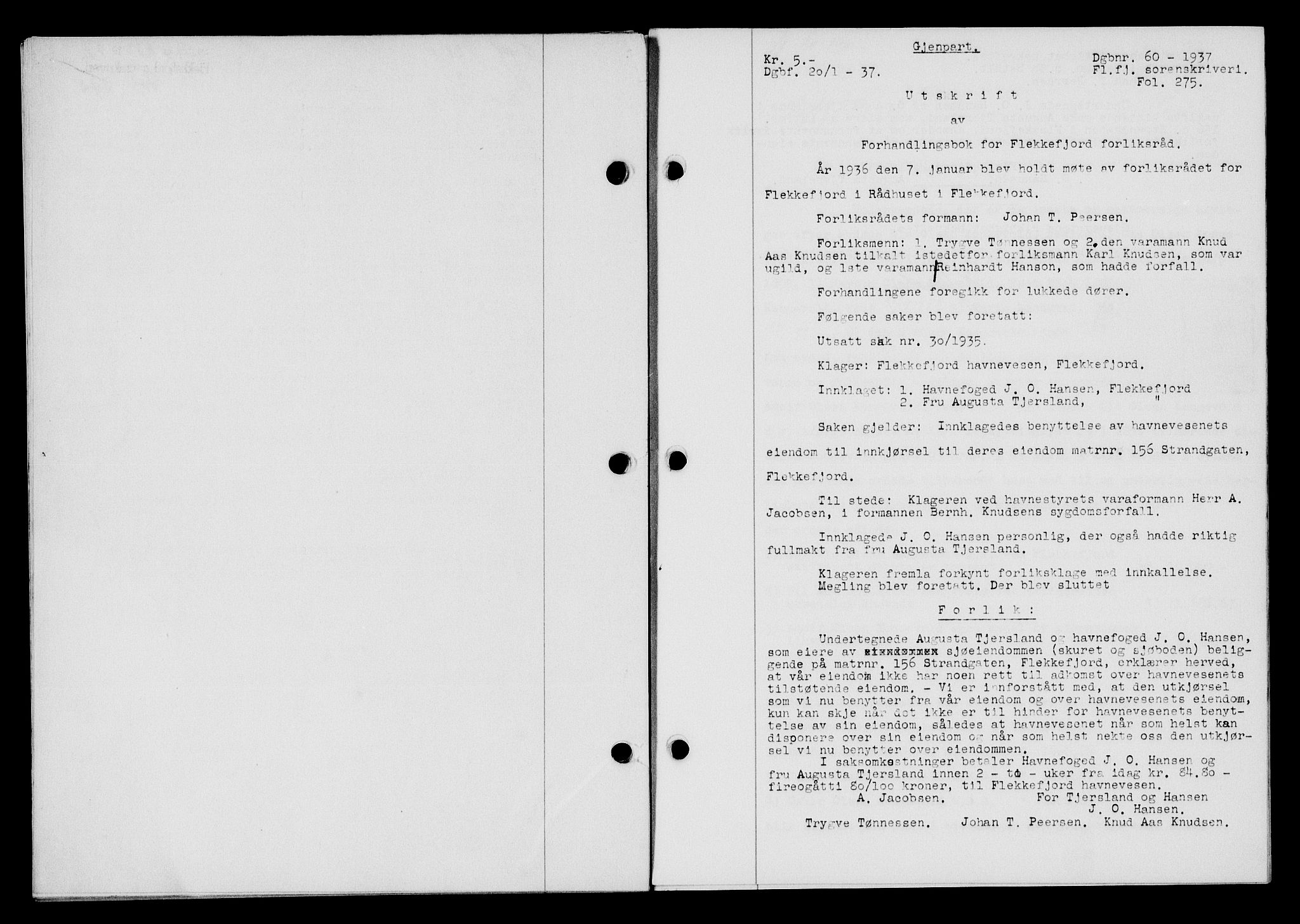 Flekkefjord sorenskriveri, SAK/1221-0001/G/Gb/Gba/L0053: Mortgage book no. A-1, 1936-1937, Diary no: : 60/1937