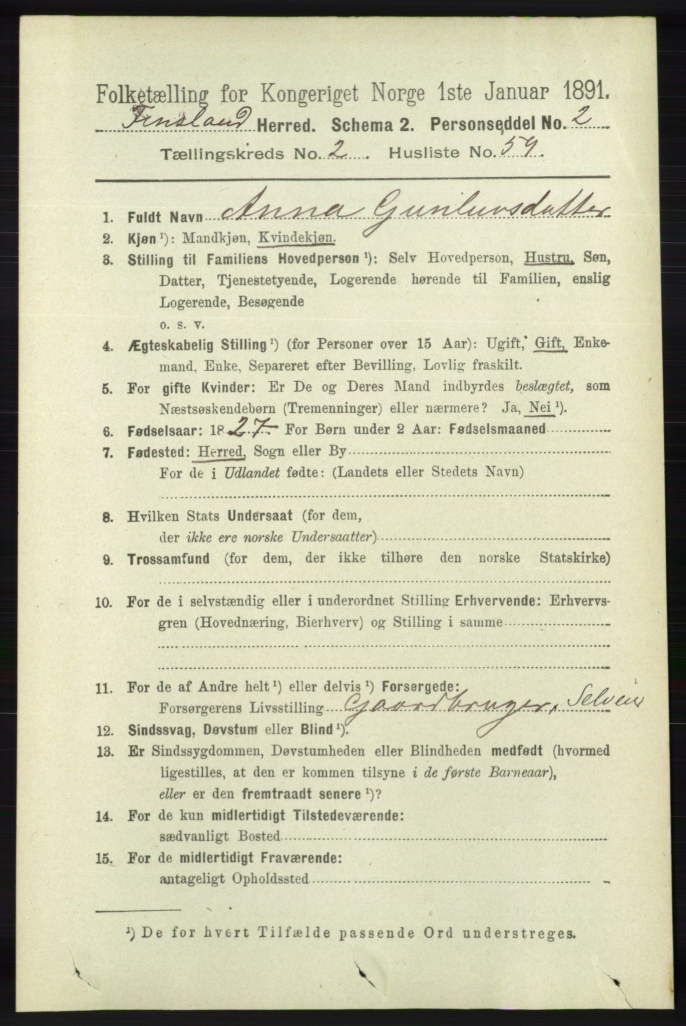 RA, 1891 census for 1023 Finsland, 1891, p. 719