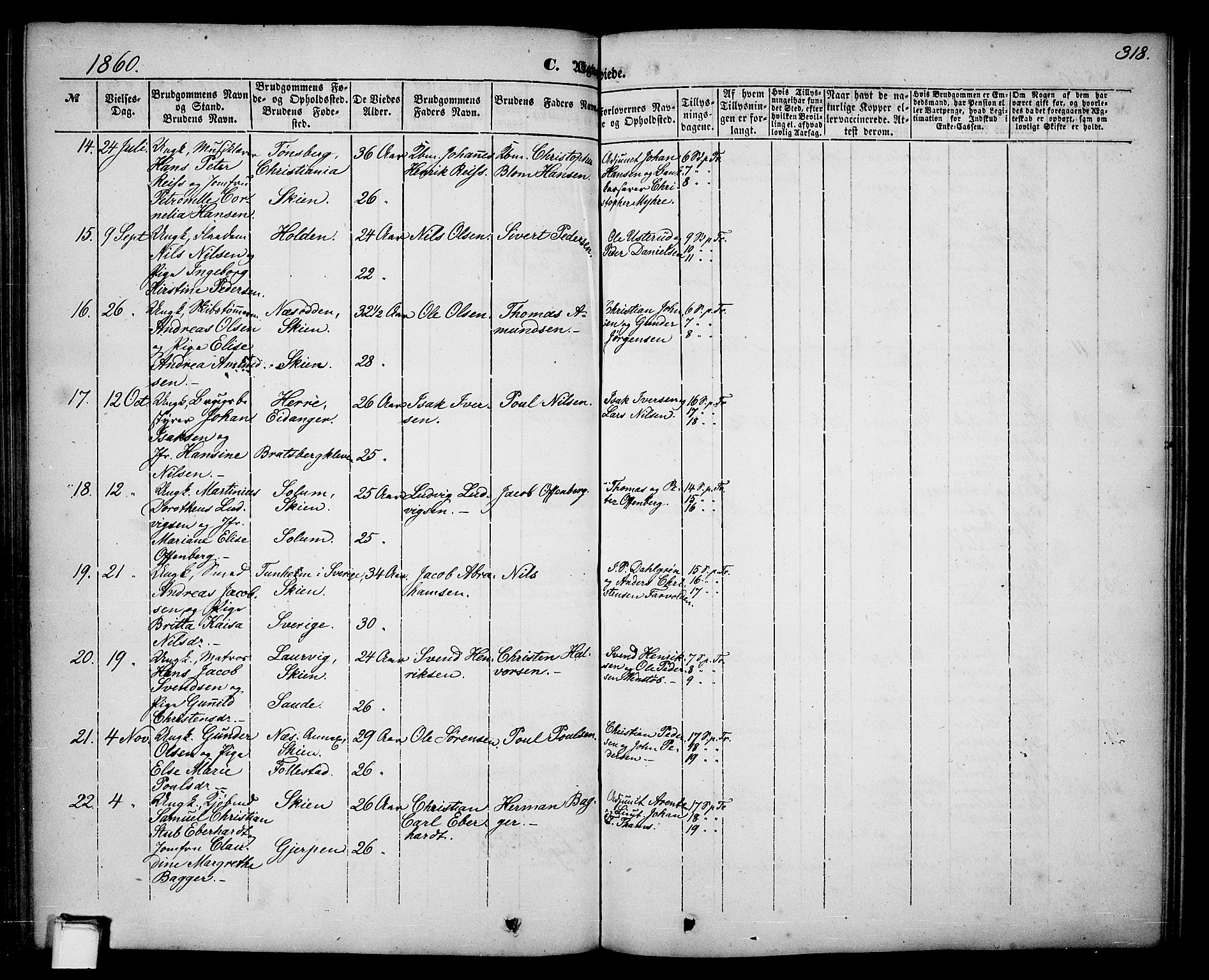 Skien kirkebøker, SAKO/A-302/G/Ga/L0004: Parish register (copy) no. 4, 1843-1867, p. 318