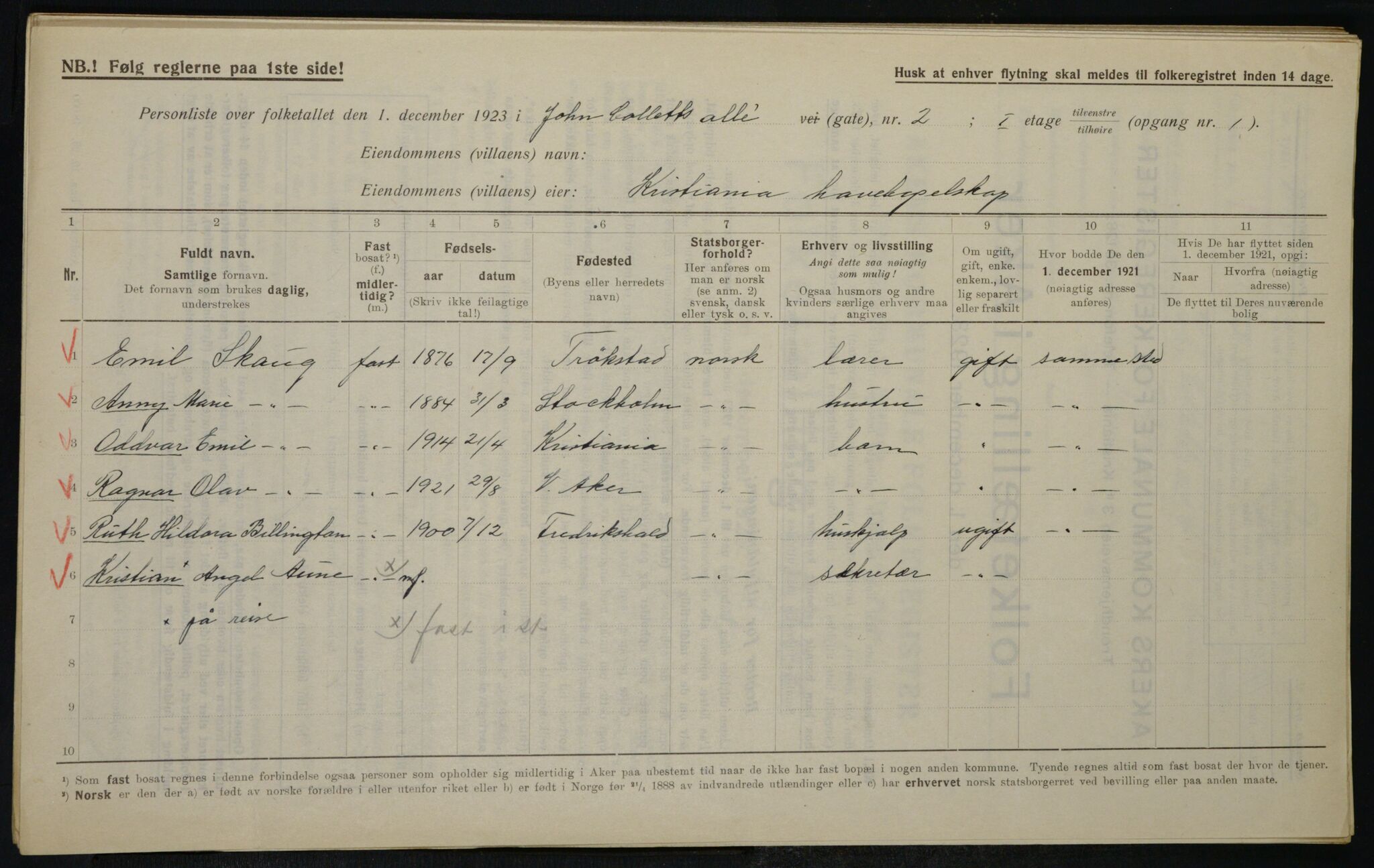 , Municipal Census 1923 for Aker, 1923, p. 20693