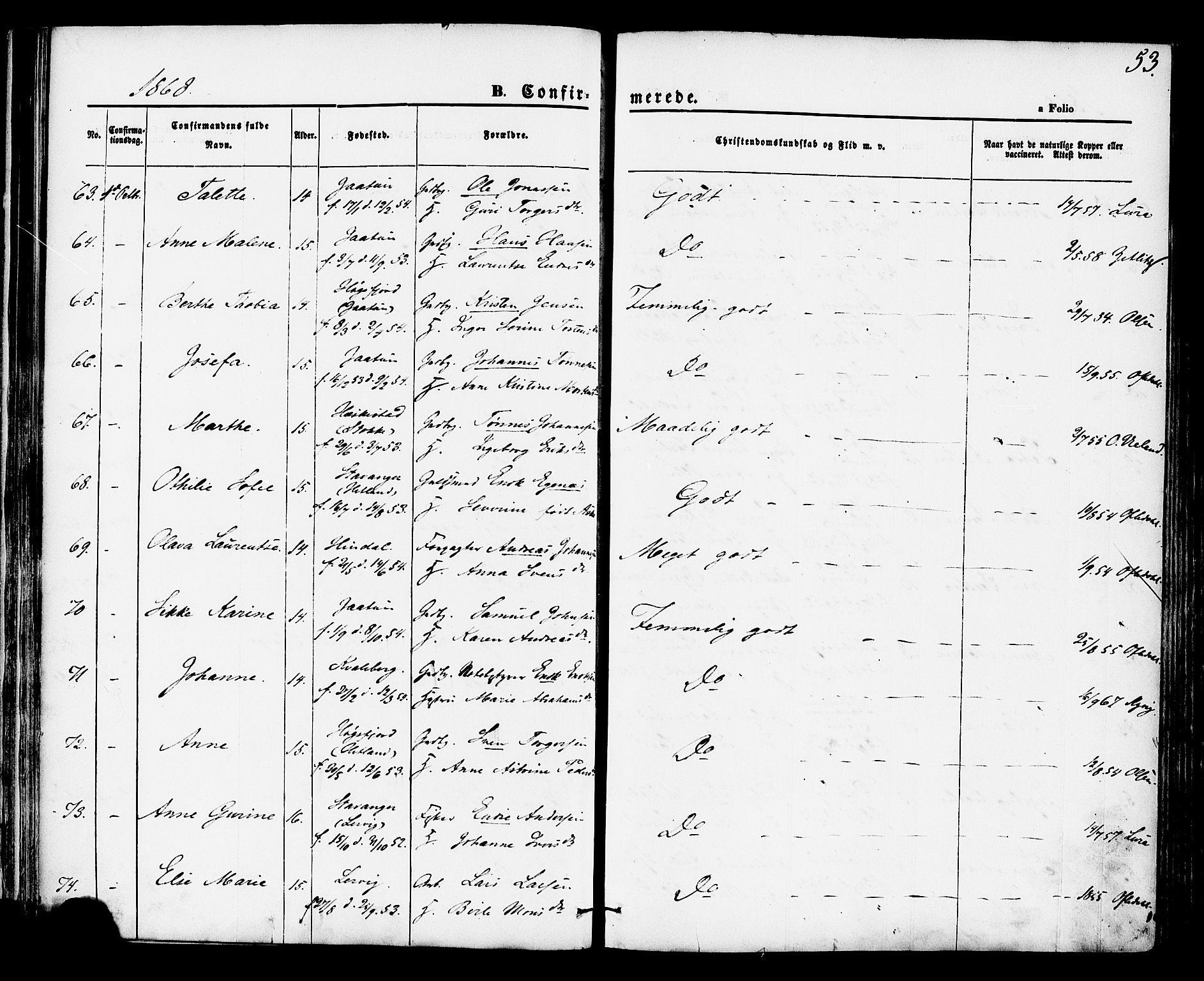 Hetland sokneprestkontor, AV/SAST-A-101826/30/30BA/L0004: Parish register (official) no. A 4, 1862-1881, p. 53