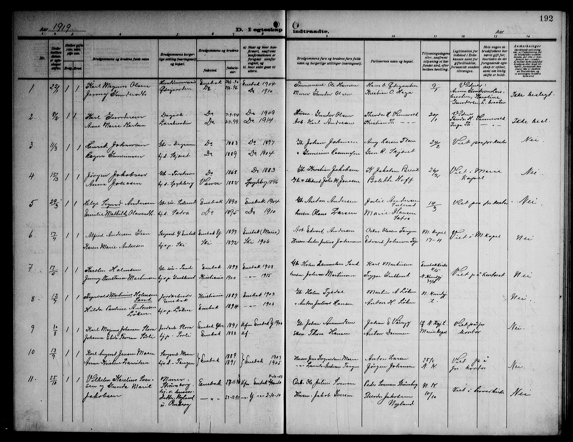 Enebakk prestekontor Kirkebøker, AV/SAO-A-10171c/G/Ga/L0007: Parish register (copy) no. I 7, 1911-1949, p. 192