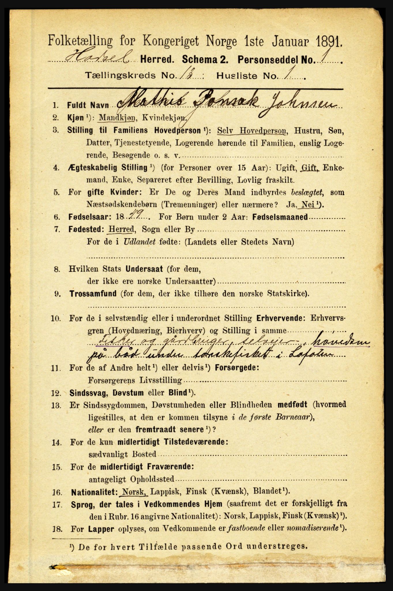 RA, 1891 census for 1866 Hadsel, 1891, p. 5823