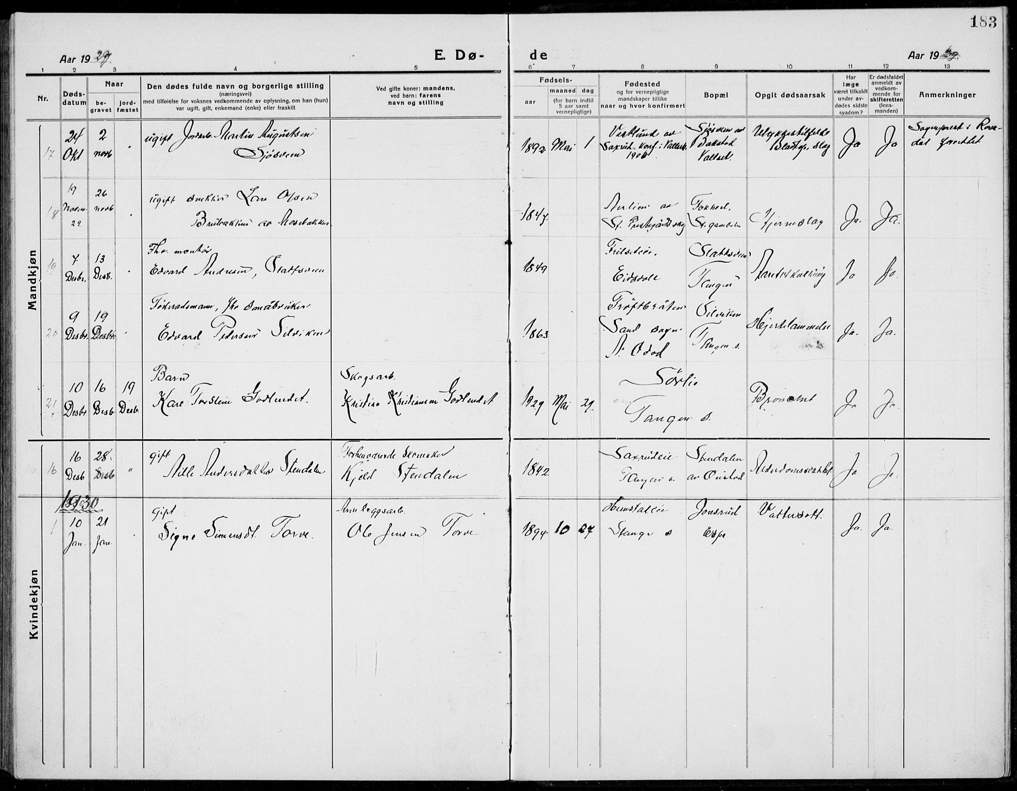 Stange prestekontor, AV/SAH-PREST-002/L/L0017: Parish register (copy) no. 17, 1918-1936, p. 183