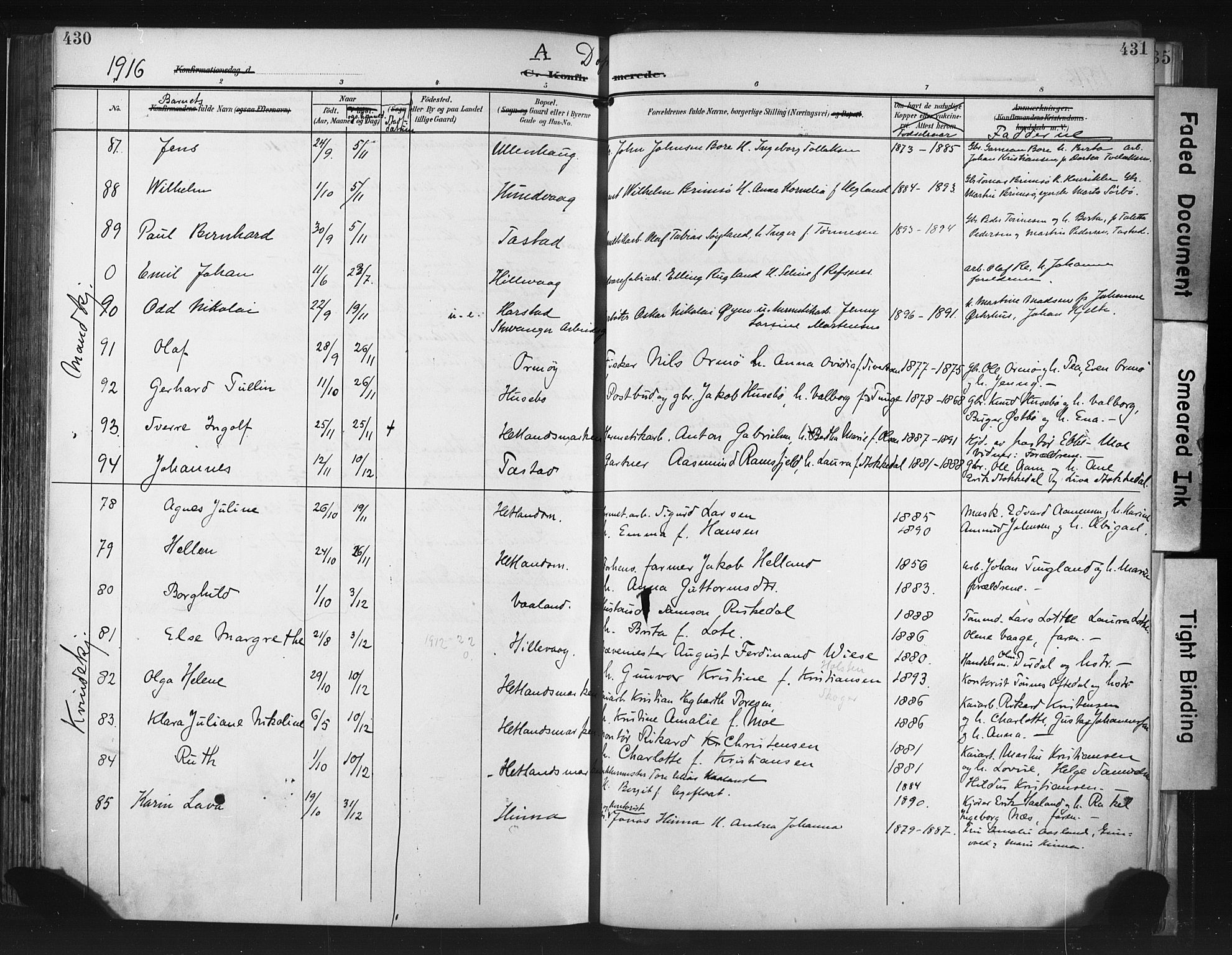 Hetland sokneprestkontor, AV/SAST-A-101826/30/30BA/L0013: Parish register (official) no. A 13, 1904-1918, p. 430-431