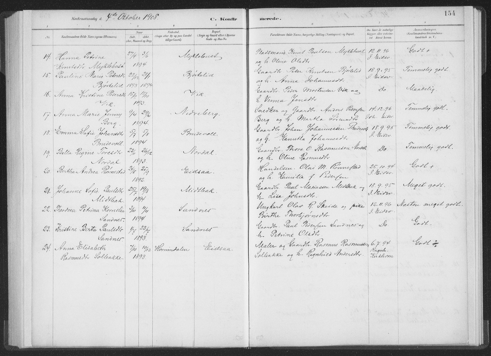 Ministerialprotokoller, klokkerbøker og fødselsregistre - Møre og Romsdal, AV/SAT-A-1454/502/L0025: Parish register (official) no. 502A03, 1885-1909, p. 154