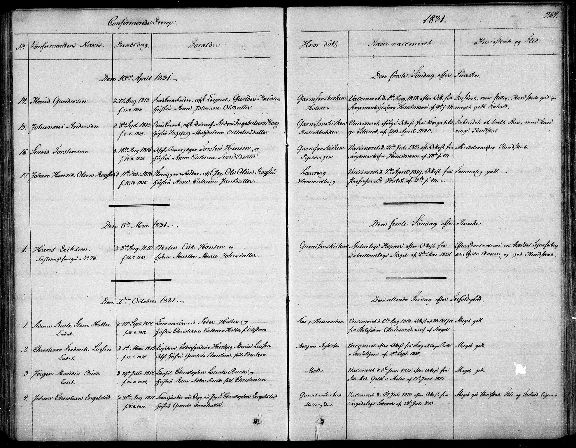Garnisonsmenigheten Kirkebøker, SAO/A-10846/F/Fa/L0006: Parish register (official) no. 6, 1828-1841, p. 267
