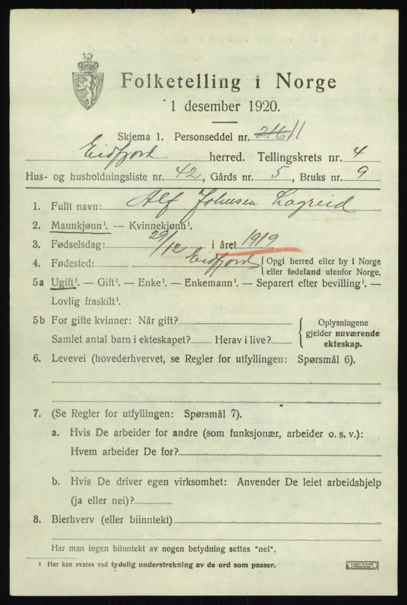 SAB, 1920 census for Eidfjord, 1920, p. 1754