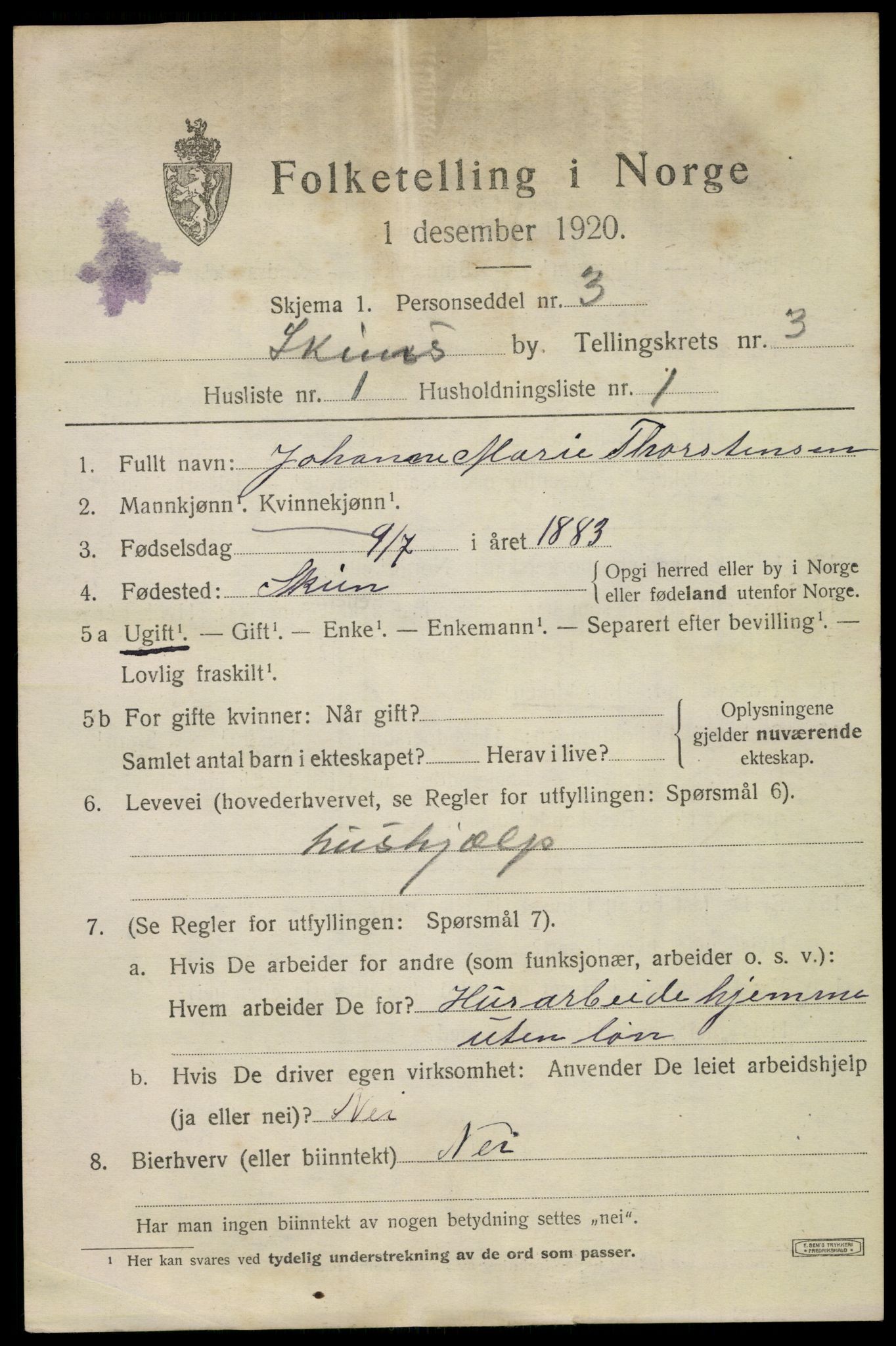 SAKO, 1920 census for Skien, 1920, p. 15172