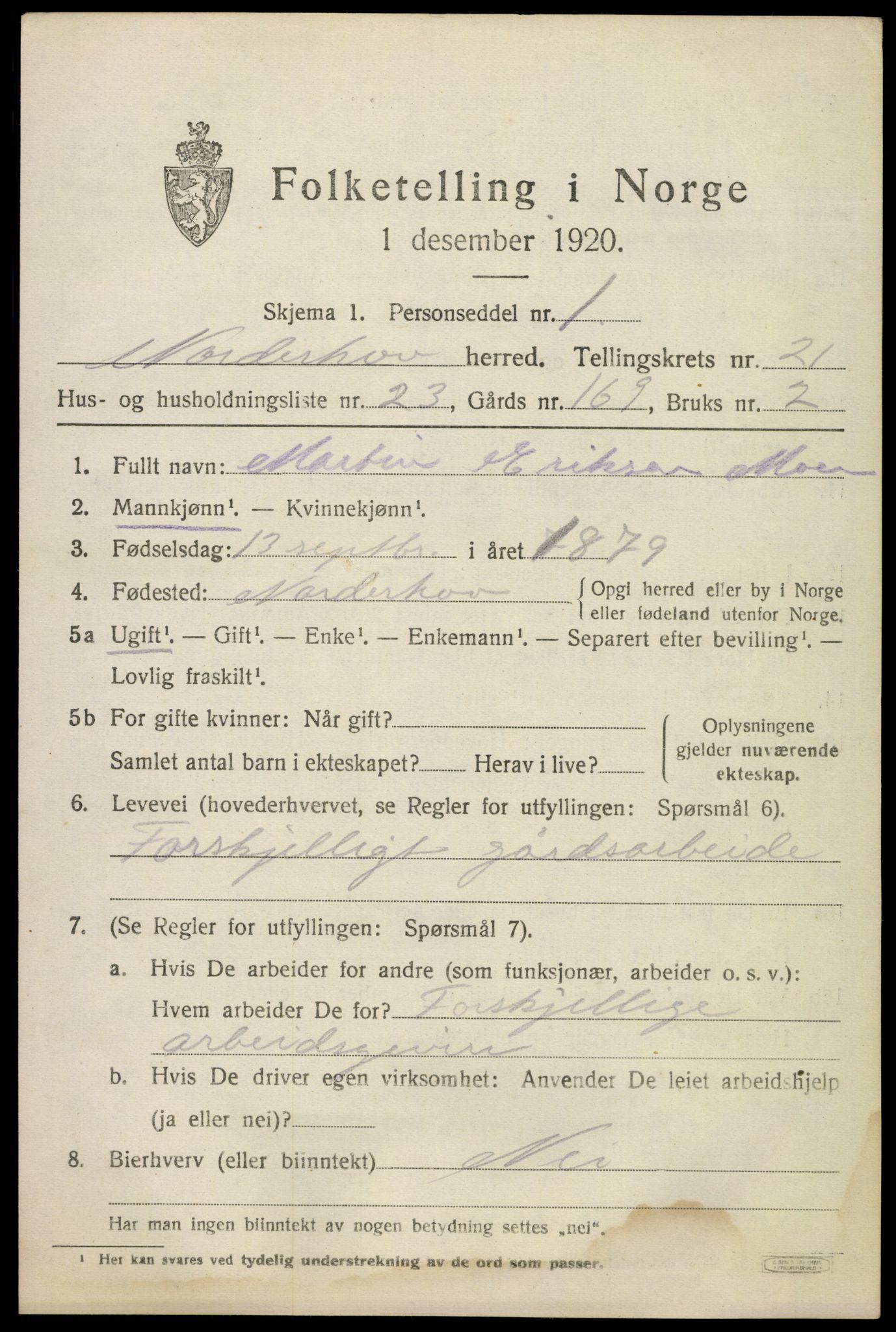 SAKO, 1920 census for Norderhov, 1920, p. 22186